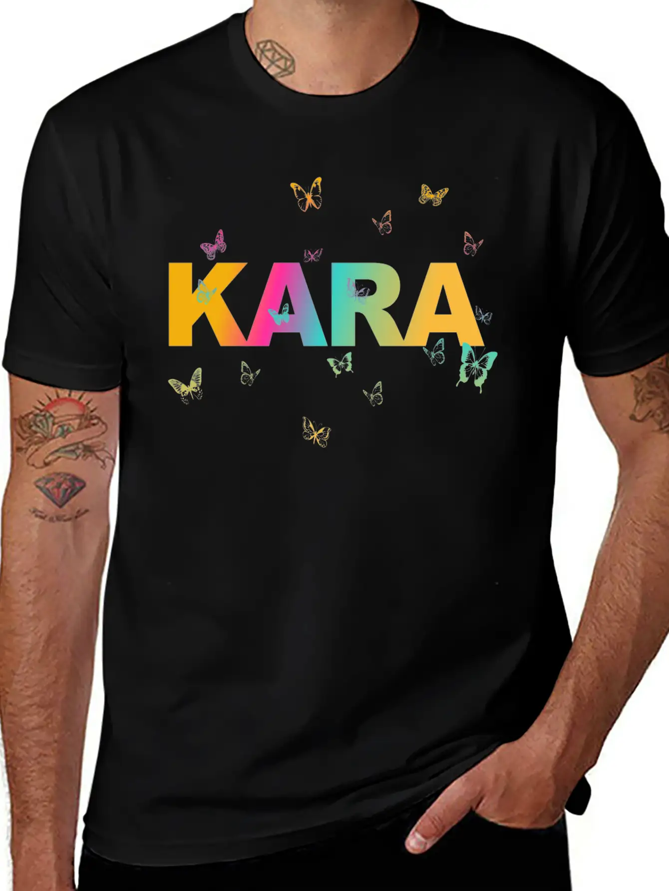 Kara - Beautiful Name With Cute Butterflies Breathable Soft Cotton T-Shirt – Timeless Casual Look