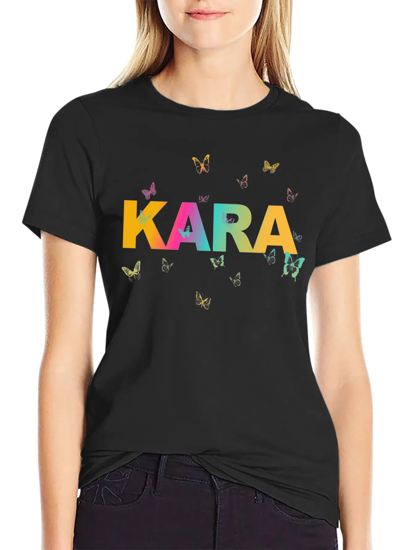 Kara - Beautiful Name With Cute Butterflies Breathable Soft Cotton T-Shirt – Timeless Casual Look