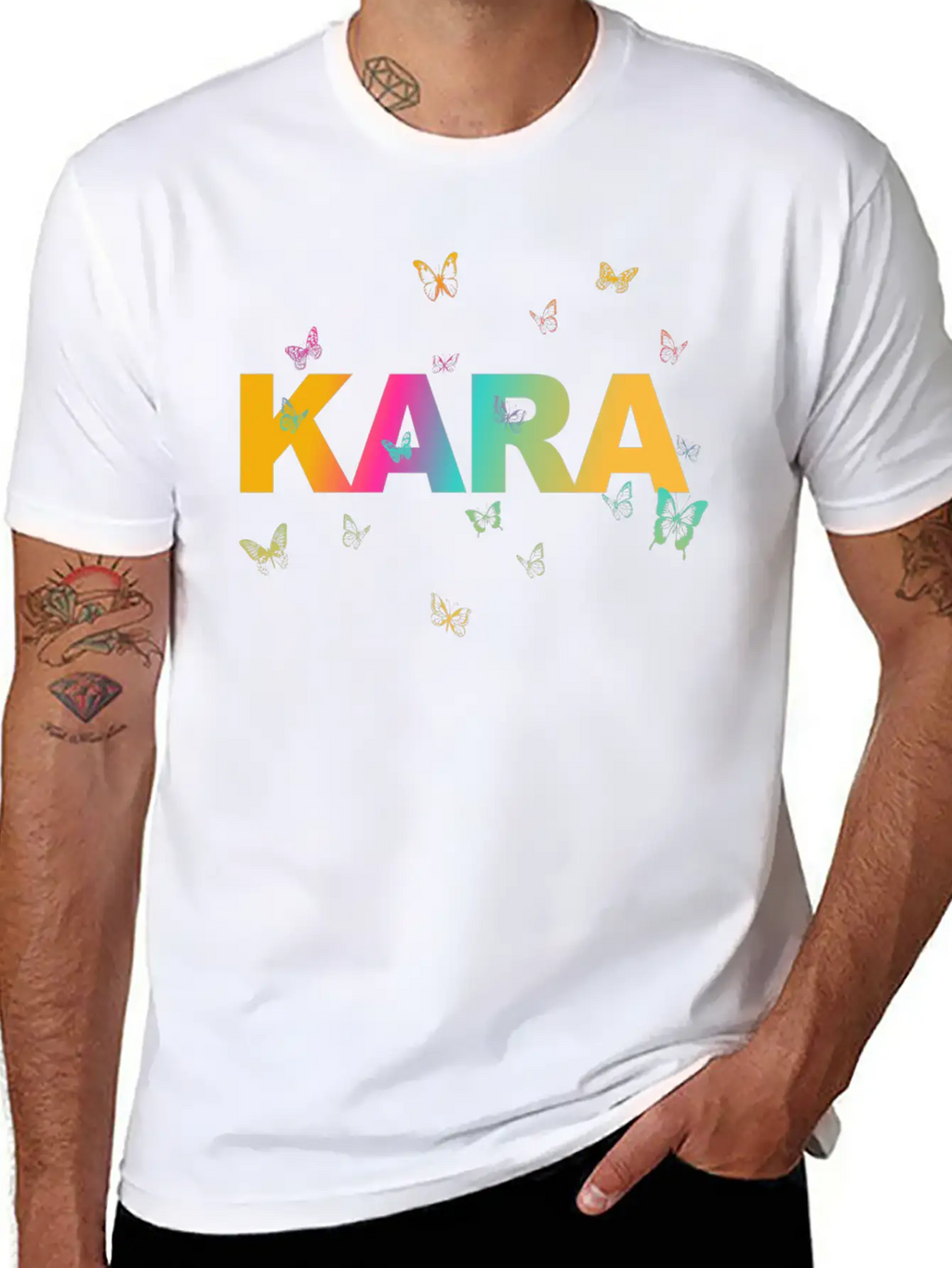 Kara - Beautiful Name With Cute Butterflies Breathable Soft Cotton T-Shirt – Timeless Casual Look