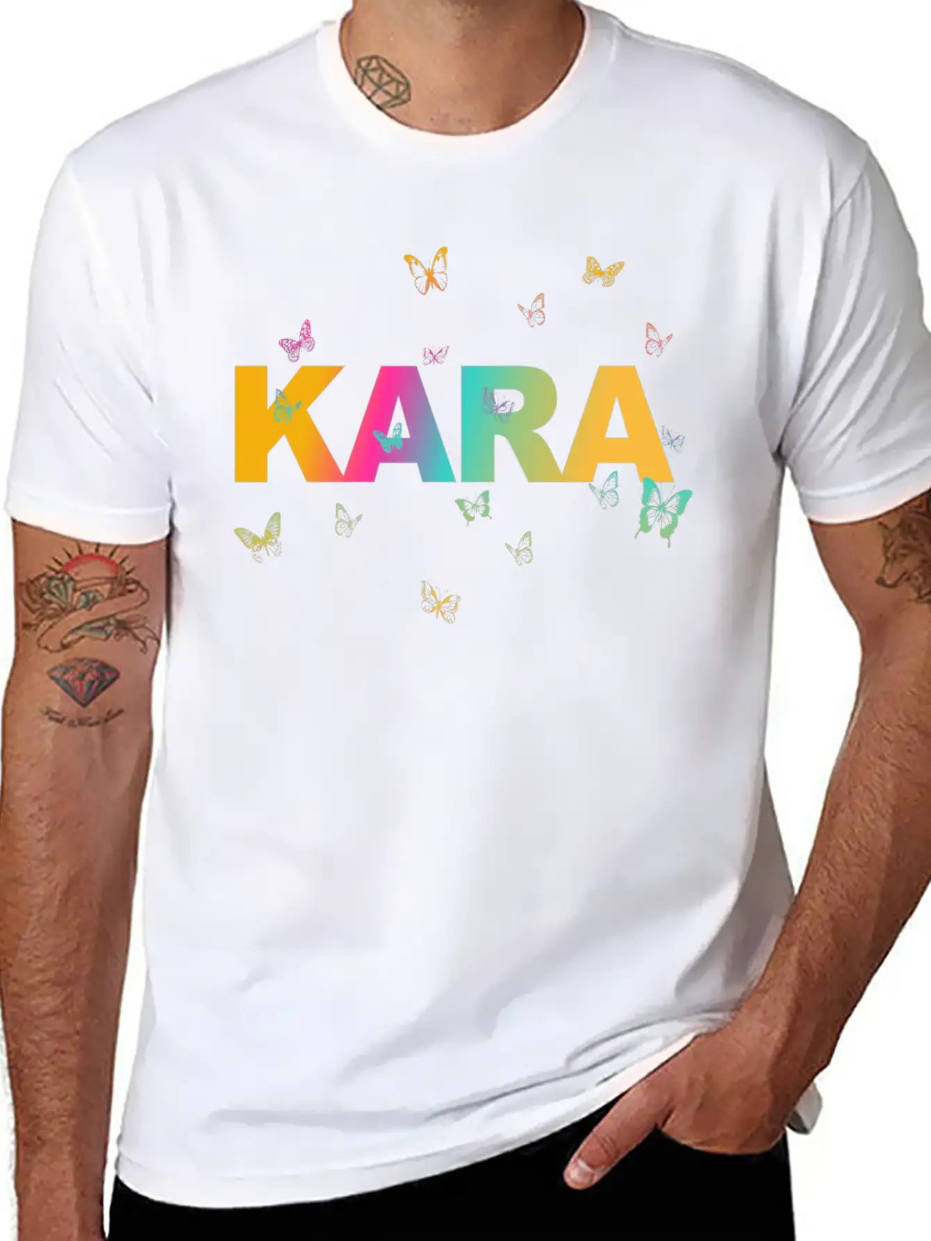 Kara - Beautiful Name With Cute Butterflies Breathable Soft Cotton T-Shirt – Timeless Casual Look