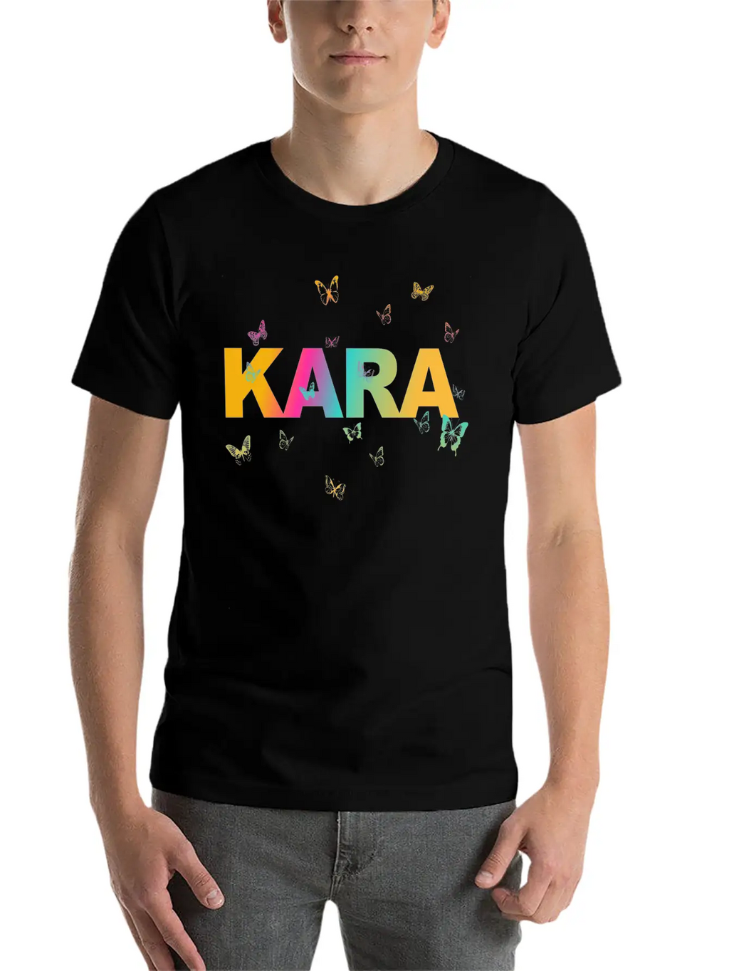 Kara - Beautiful Name With Cute Butterflies Breathable Soft Cotton T-Shirt – Timeless Casual Look
