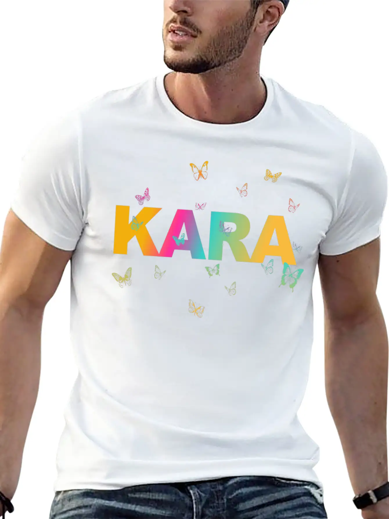Kara - Beautiful Name With Cute Butterflies Breathable Soft Cotton T-Shirt – Timeless Casual Look