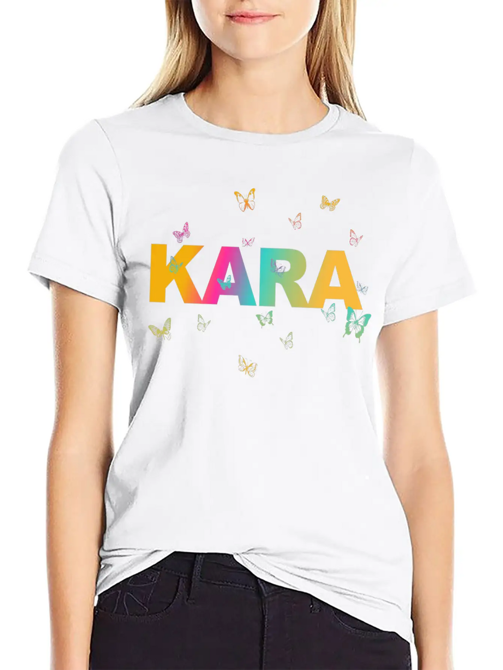 Kara - Beautiful Name With Cute Butterflies Breathable Soft Cotton T-Shirt – Timeless Casual Look