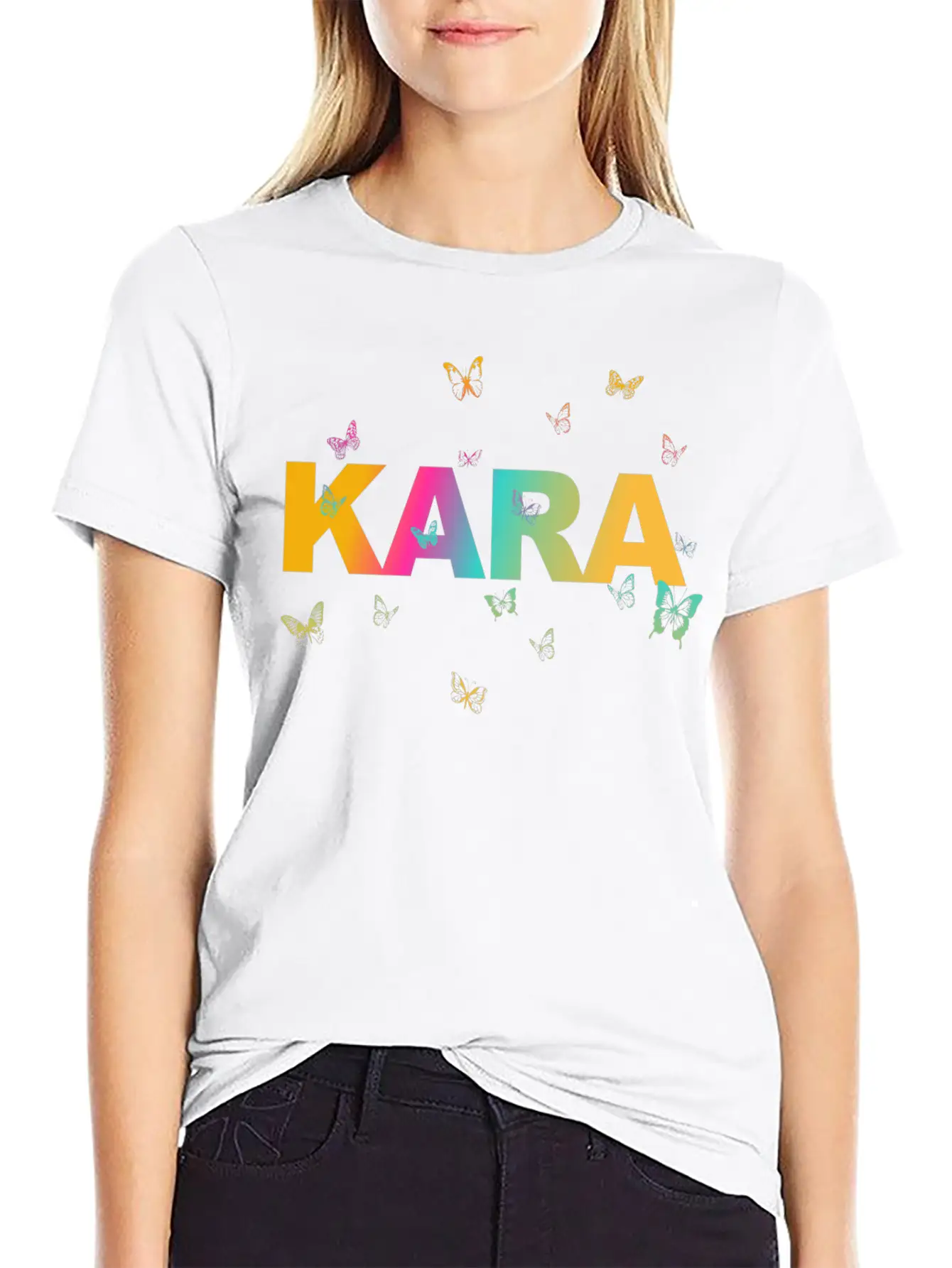 Kara - Beautiful Name With Cute Butterflies Breathable Soft Cotton T-Shirt – Timeless Casual Look
