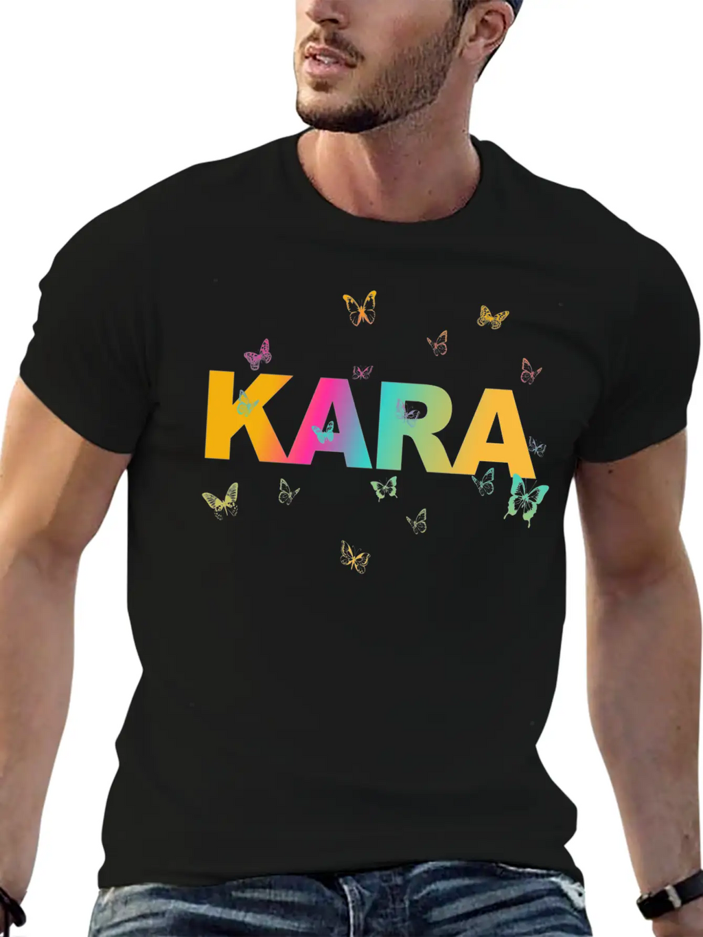 Kara - Beautiful Name With Cute Butterflies Breathable Soft Cotton T-Shirt – Timeless Casual Look
