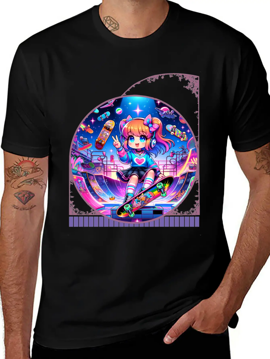 Kawaii Anime Girl's Retro Skateboard Jam Neon Unisex Short Sleeve Soft Cotton T-Shirt – Casual Everyday Wear