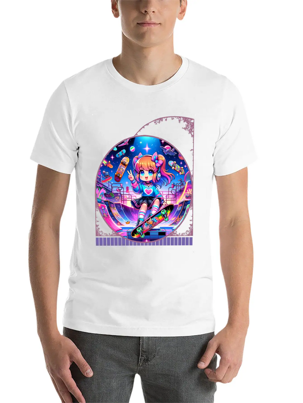 Kawaii Anime Girl's Retro Skateboard Jam Neon Unisex Short Sleeve Soft Cotton T-Shirt – Casual Everyday Wear