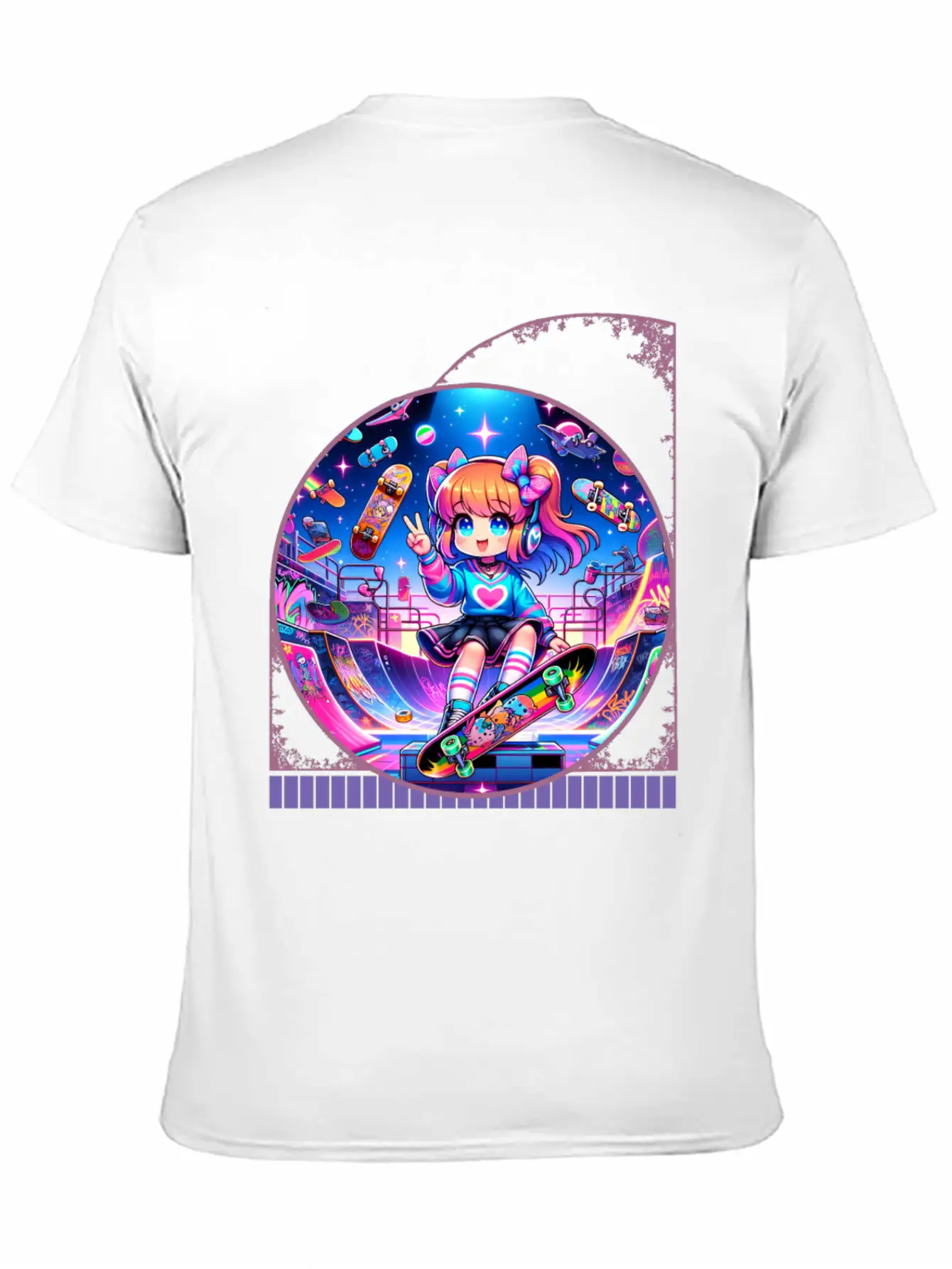 Kawaii Anime Girl's Retro Skateboard Jam Neon Unisex Short Sleeve Soft Cotton T-Shirt – Casual Everyday Wear