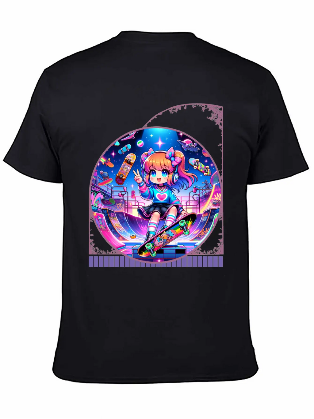 Kawaii Anime Girl's Retro Skateboard Jam Neon Unisex Short Sleeve Soft Cotton T-Shirt – Casual Everyday Wear