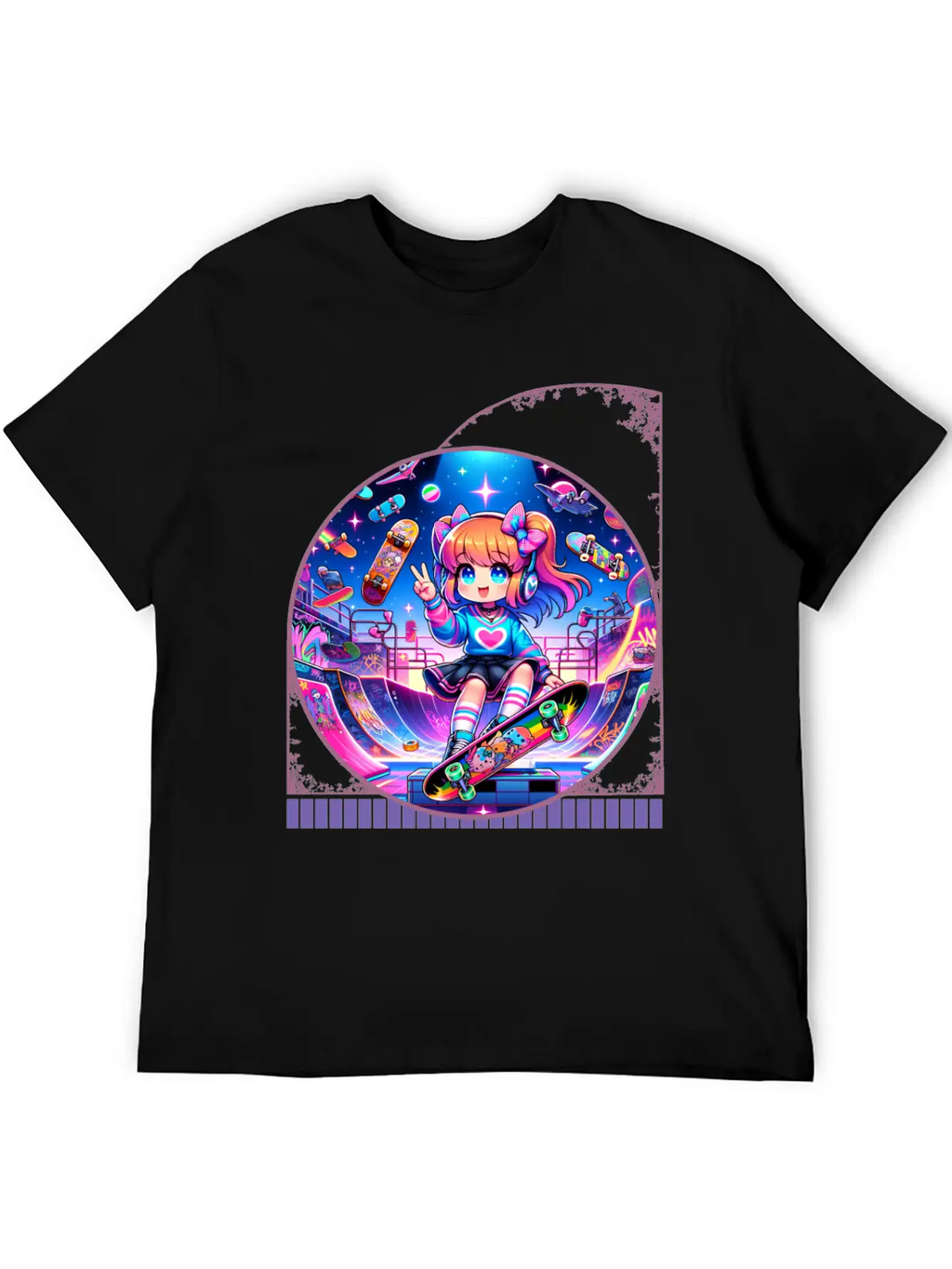 Kawaii Anime Girl's Retro Skateboard Jam Neon Unisex Short Sleeve Soft Cotton T-Shirt – Casual Everyday Wear