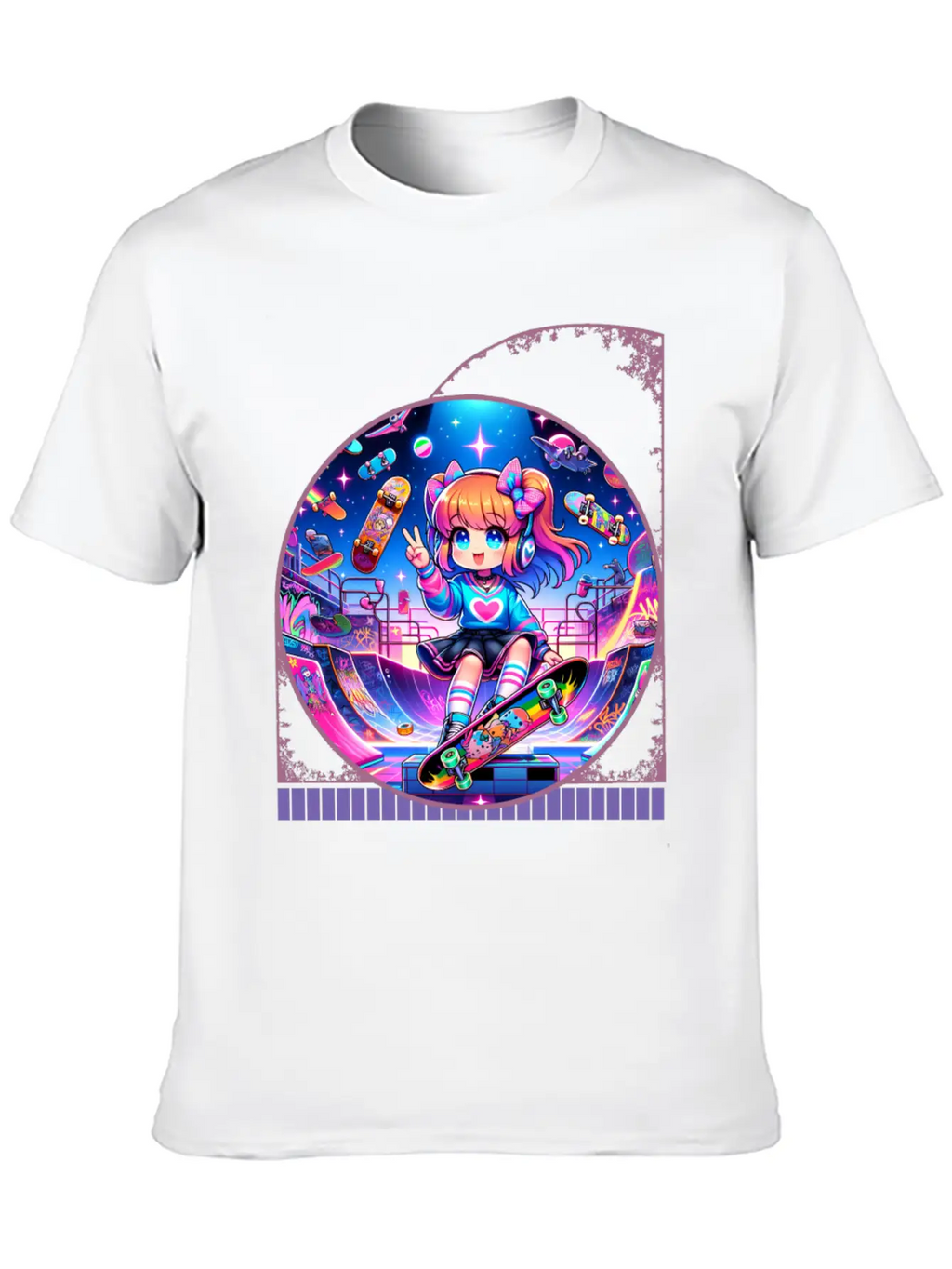 Kawaii Anime Girl's Retro Skateboard Jam Neon Unisex Short Sleeve Soft Cotton T-Shirt – Casual Everyday Wear