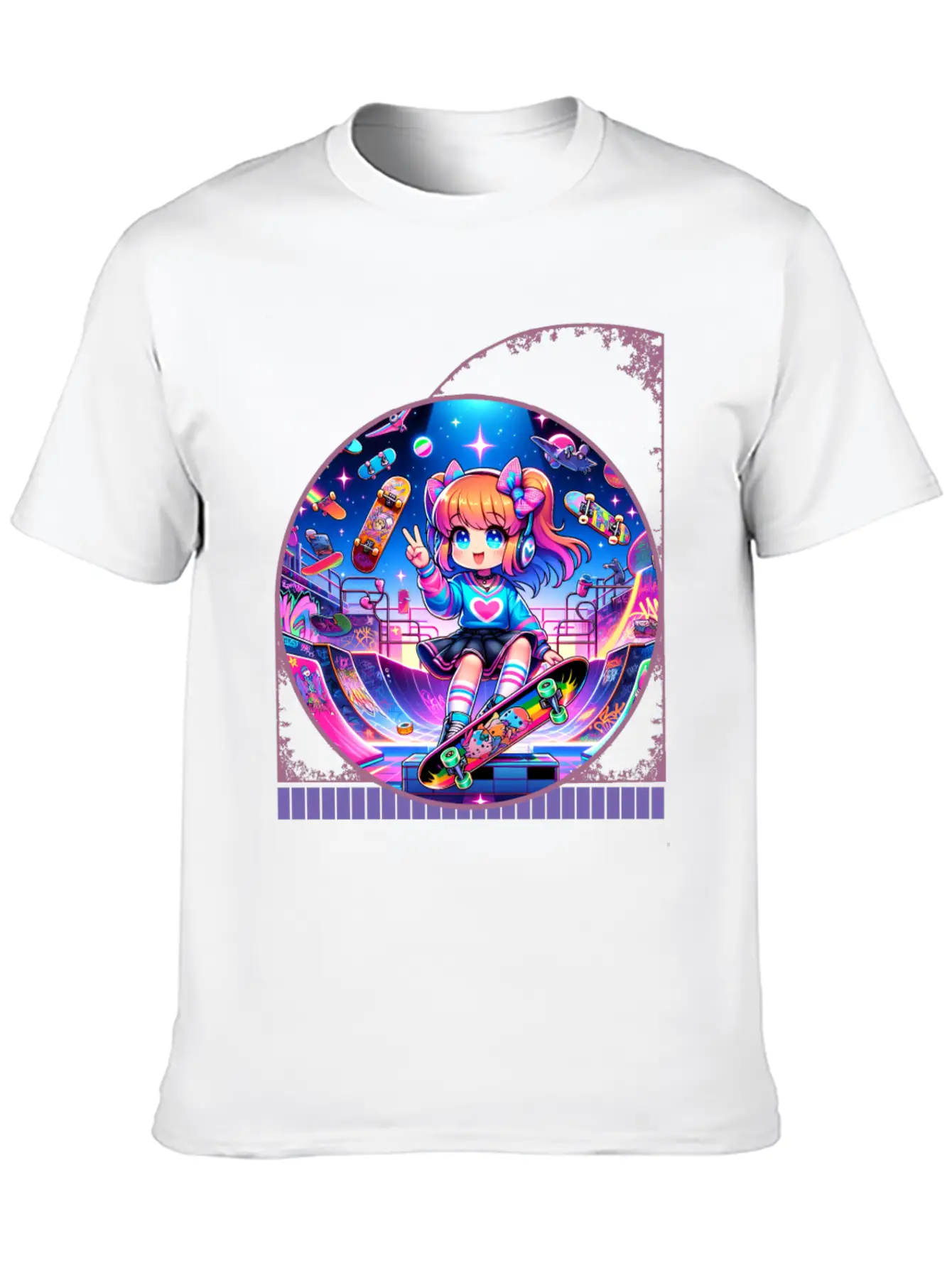 Kawaii Anime Girl's Retro Skateboard Jam Neon Unisex Short Sleeve Soft Cotton T-Shirt – Casual Everyday Wear