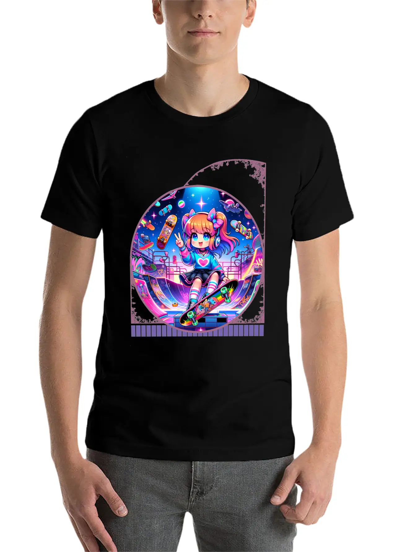 Kawaii Anime Girl's Retro Skateboard Jam Neon Unisex Short Sleeve Soft Cotton T-Shirt – Casual Everyday Wear