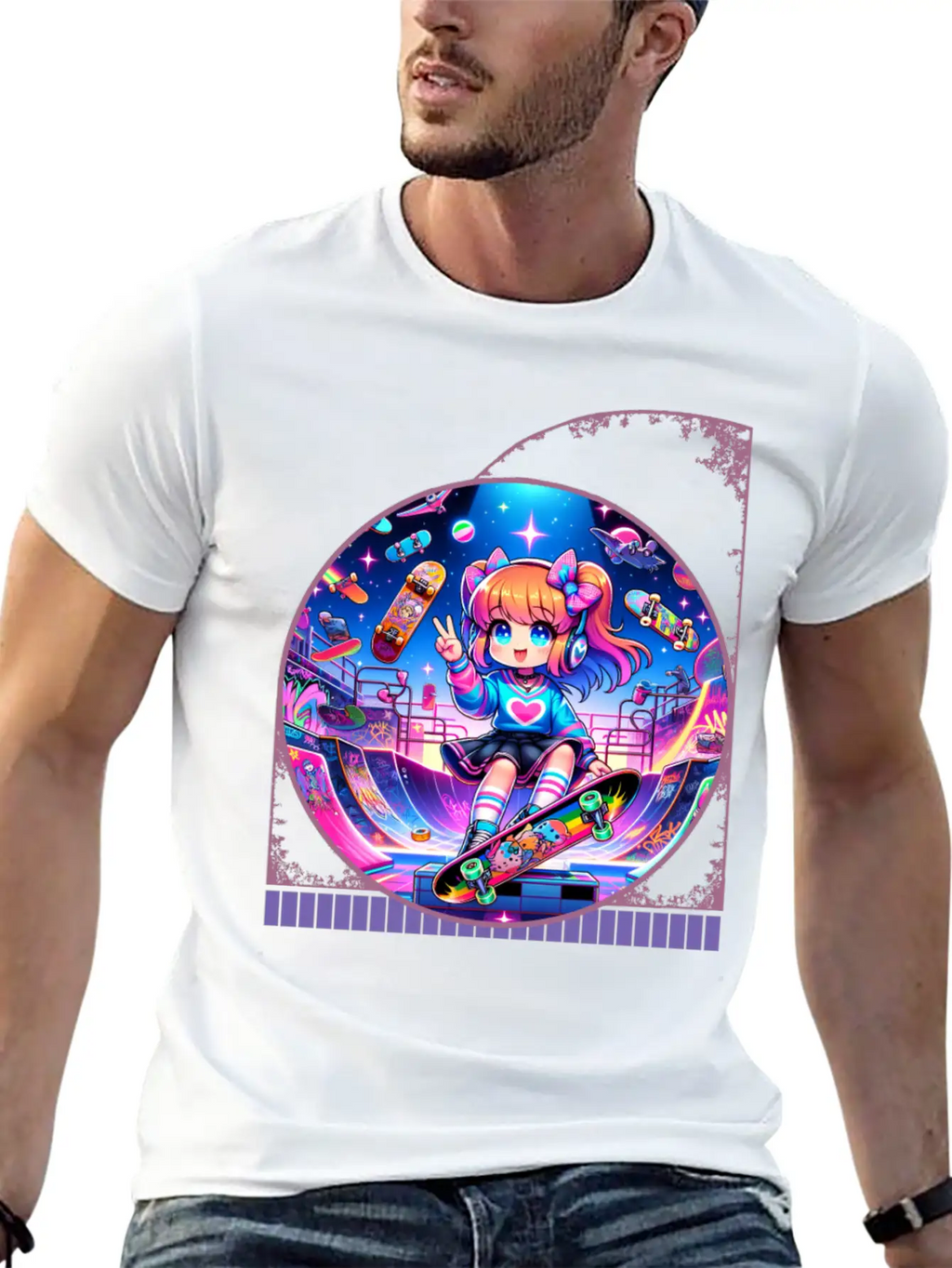 Kawaii Anime Girl's Retro Skateboard Jam Neon Unisex Short Sleeve Soft Cotton T-Shirt – Casual Everyday Wear