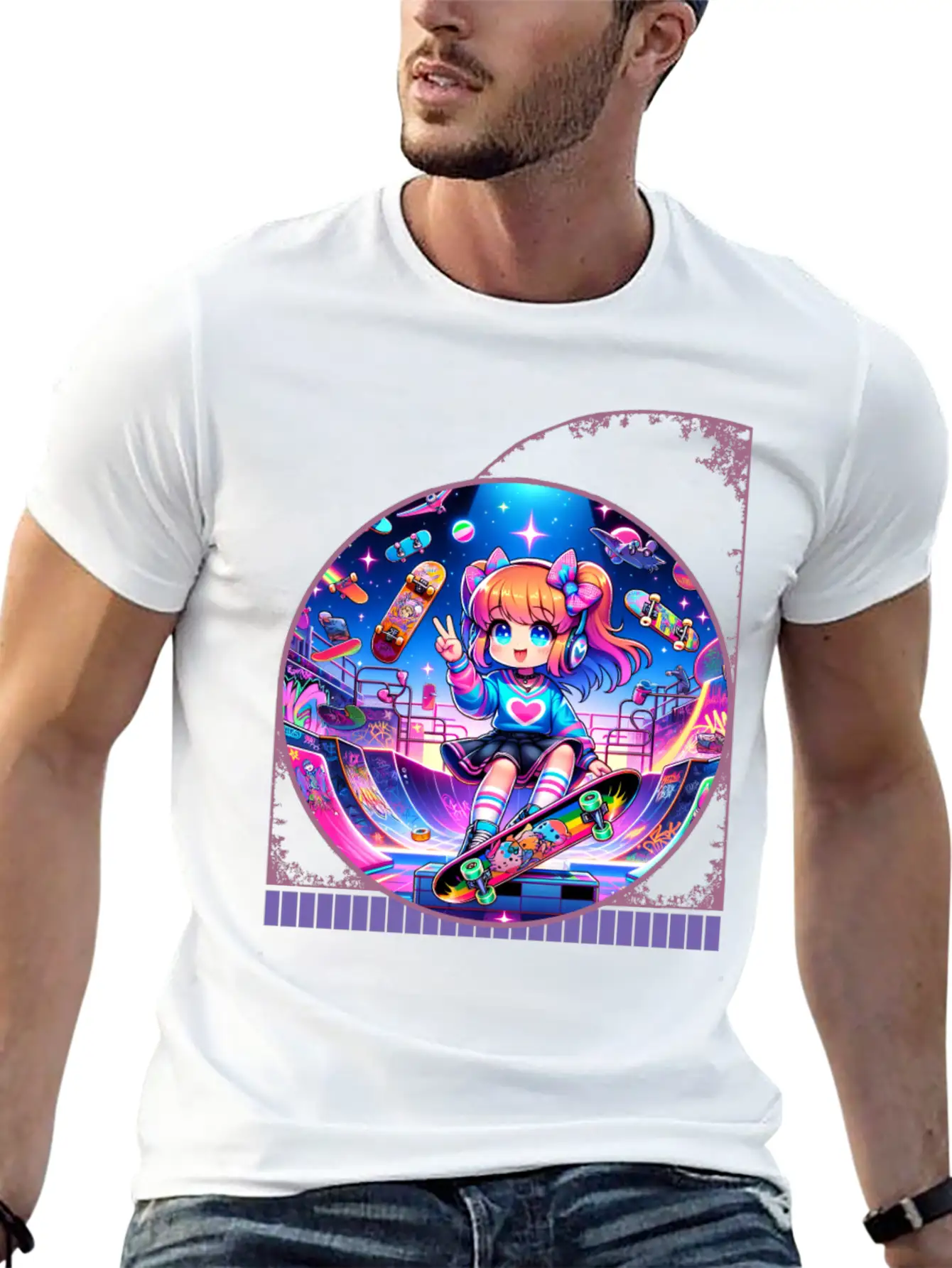 Kawaii Anime Girl's Retro Skateboard Jam Neon Unisex Short Sleeve Soft Cotton T-Shirt – Casual Everyday Wear