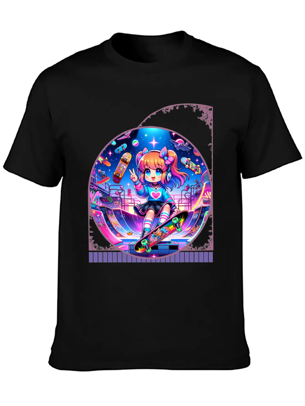 Kawaii Anime Girl's Retro Skateboard Jam Neon Unisex Short Sleeve Soft Cotton T-Shirt – Casual Everyday Wear