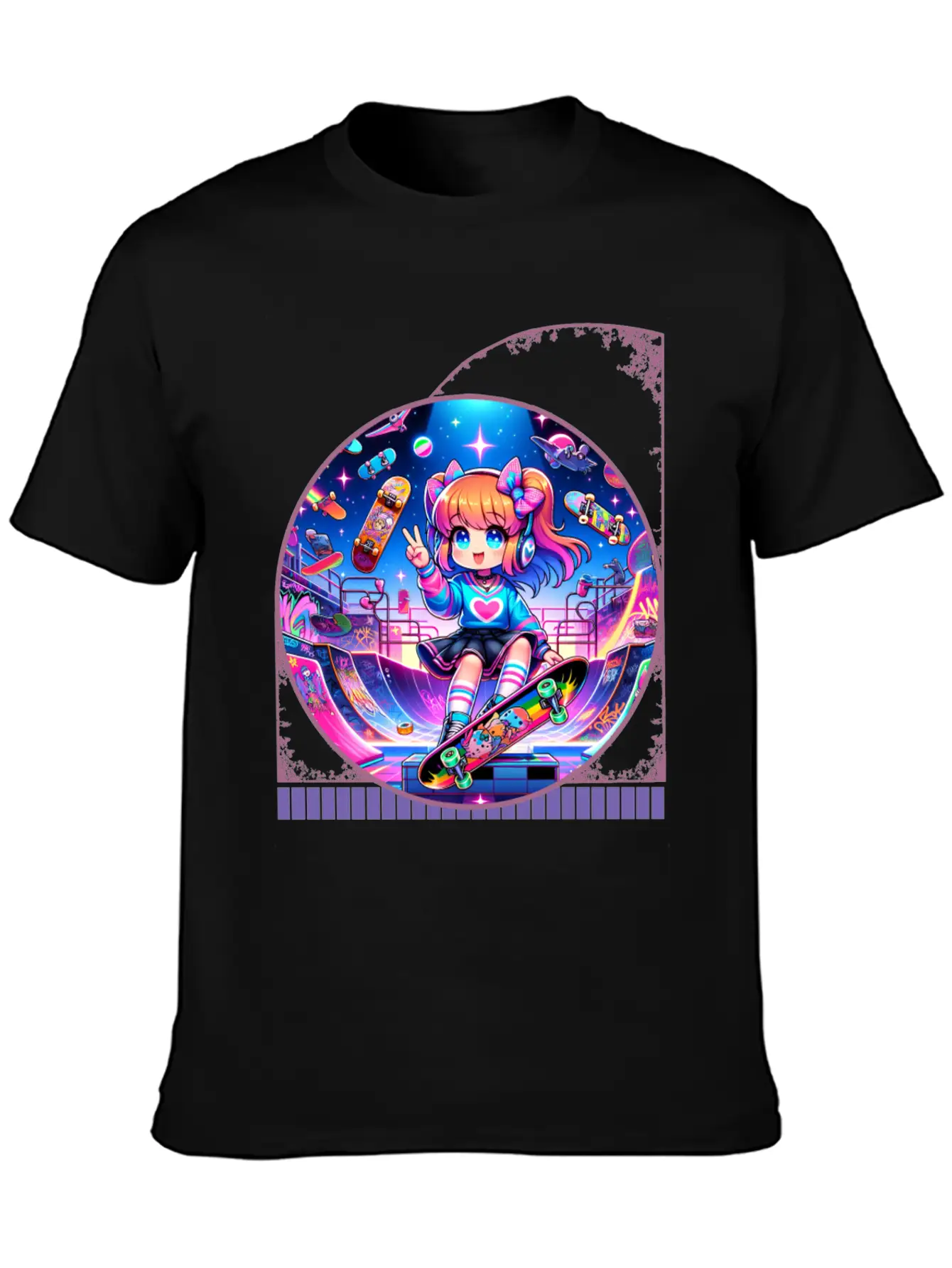 Kawaii Anime Girl's Retro Skateboard Jam Neon Unisex Short Sleeve Soft Cotton T-Shirt – Casual Everyday Wear