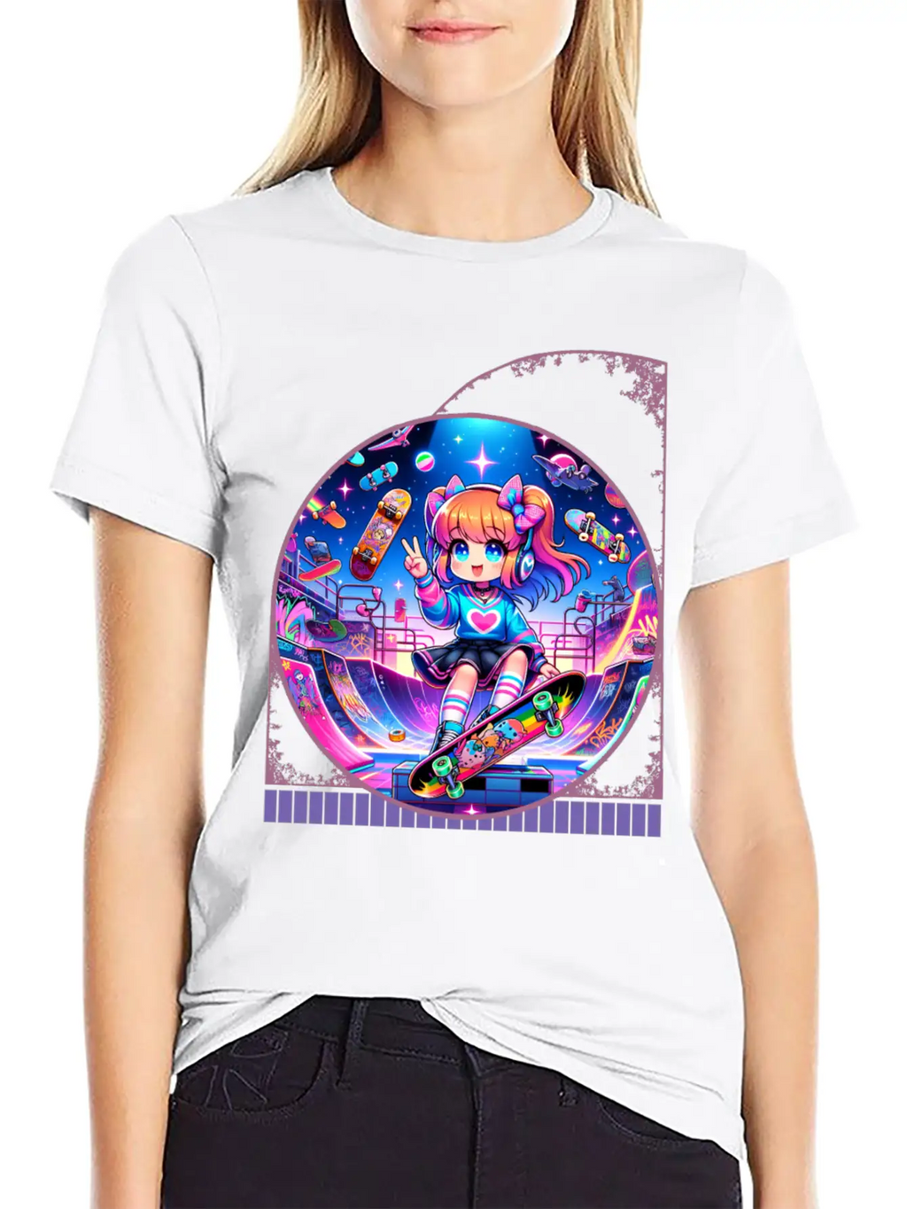 Kawaii Anime Girl's Retro Skateboard Jam Neon Unisex Short Sleeve Soft Cotton T-Shirt – Casual Everyday Wear