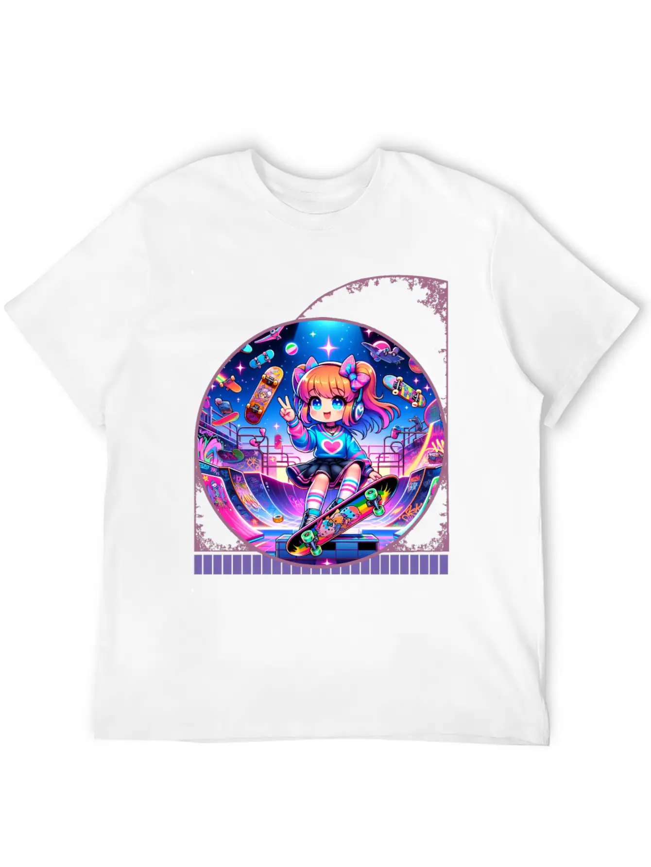 Kawaii Anime Girl's Retro Skateboard Jam Neon Unisex Short Sleeve Soft Cotton T-Shirt – Casual Everyday Wear
