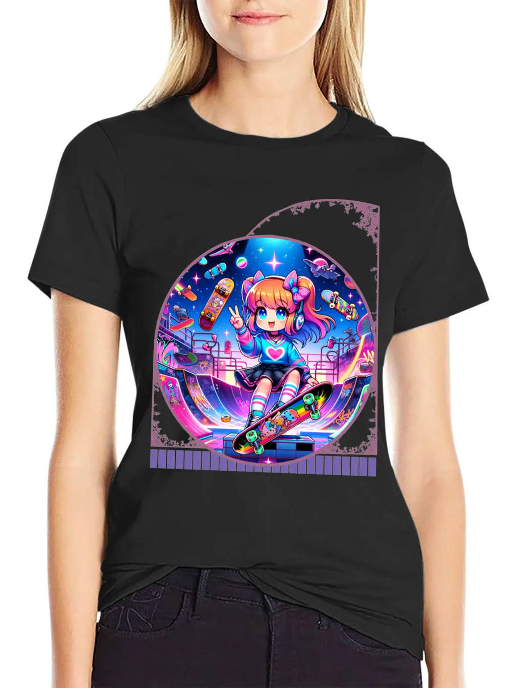 Kawaii Anime Girl's Retro Skateboard Jam Neon Unisex Short Sleeve Soft Cotton T-Shirt – Casual Everyday Wear