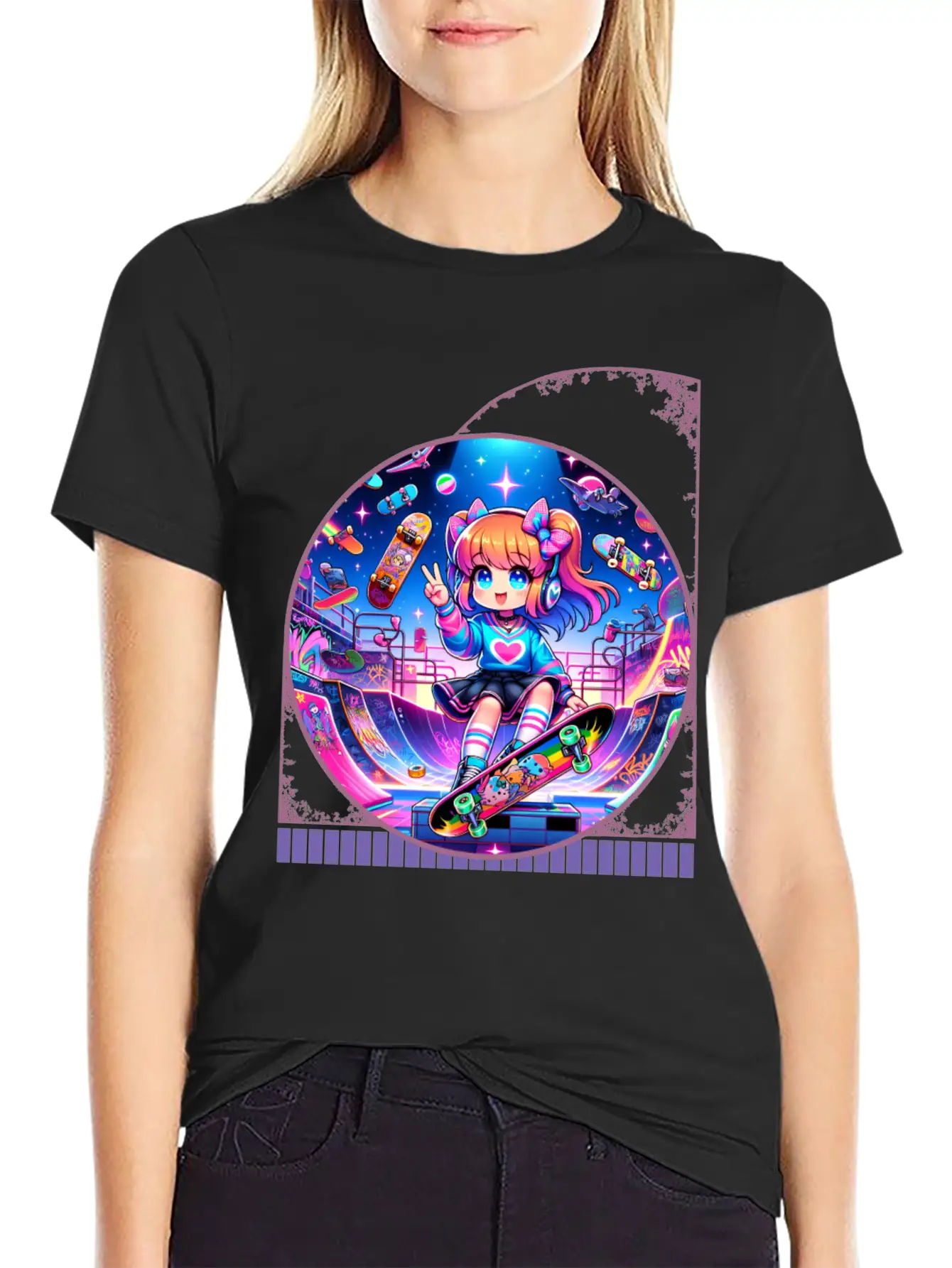 Kawaii Anime Girl's Retro Skateboard Jam Neon Unisex Short Sleeve Soft Cotton T-Shirt – Casual Everyday Wear