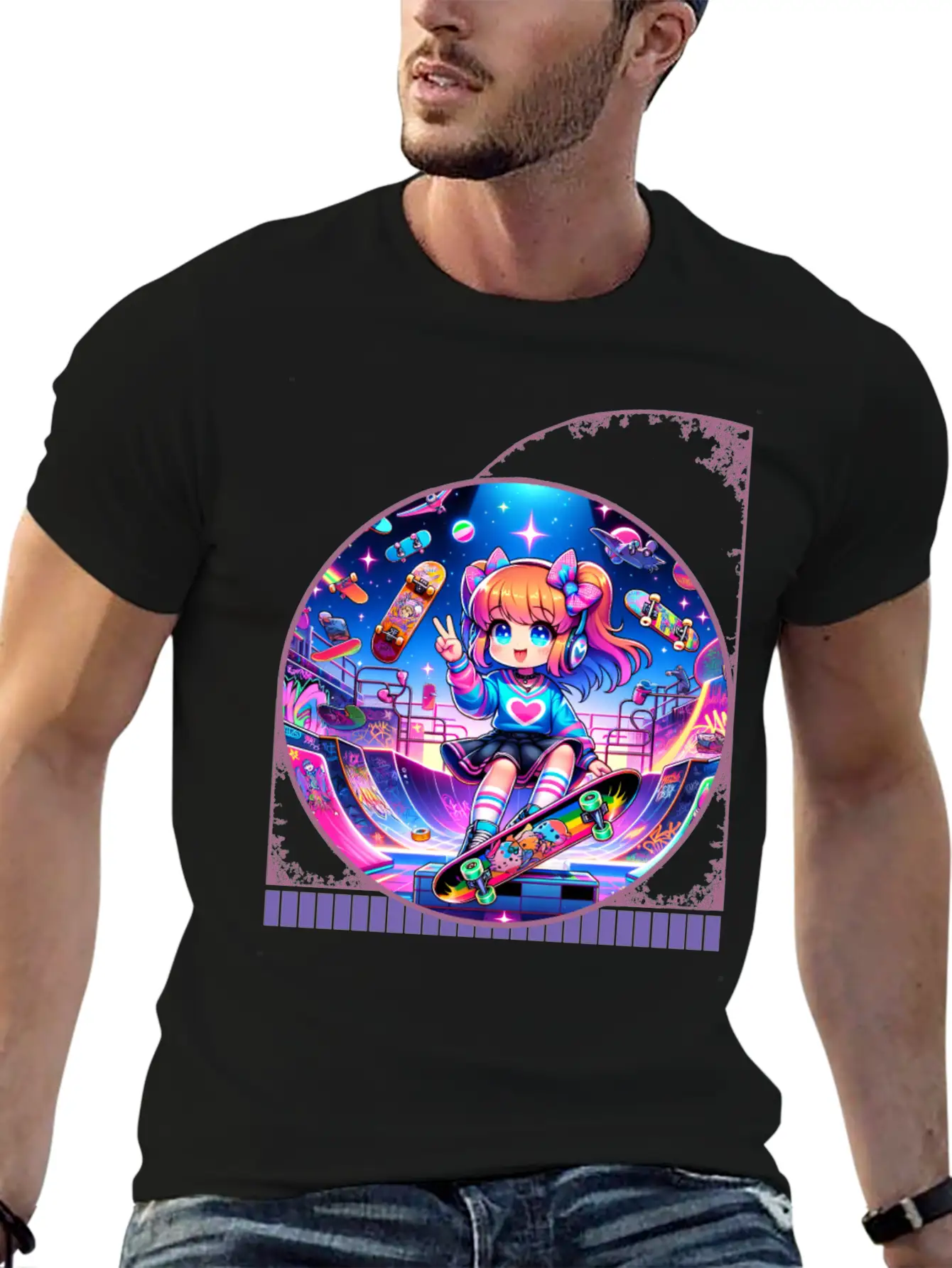 Kawaii Anime Girl's Retro Skateboard Jam Neon Unisex Short Sleeve Soft Cotton T-Shirt – Casual Everyday Wear
