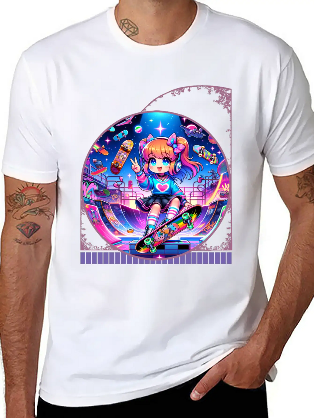 Kawaii Anime Girl's Retro Skateboard Jam Neon Unisex Short Sleeve Soft Cotton T-Shirt – Casual Everyday Wear