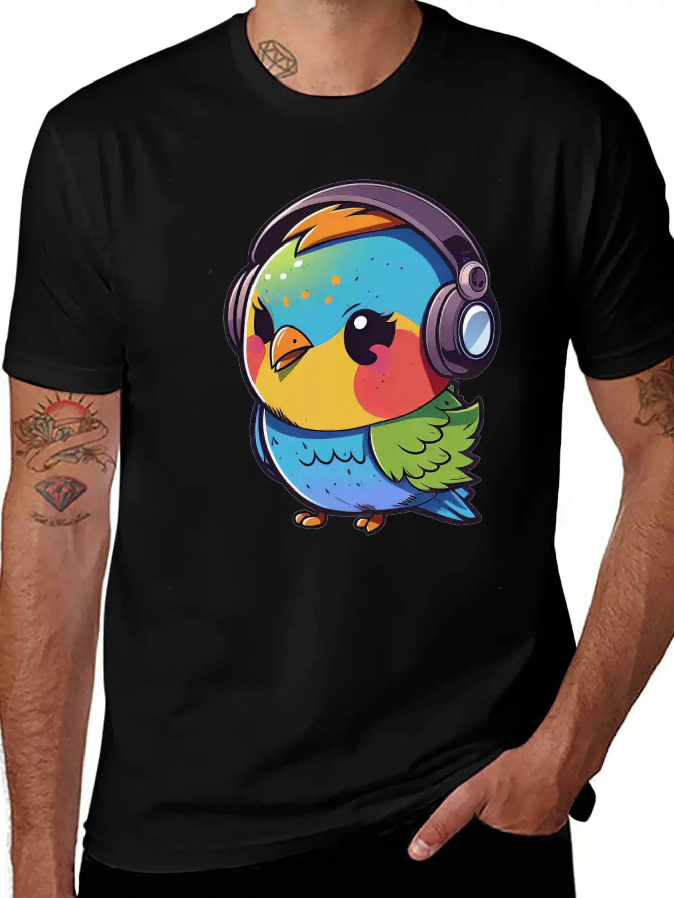 Kawaii Cute Happy Colorful Bird With Headphones Unisex Casual T-Shirt – Clean Design For Daily Comfort