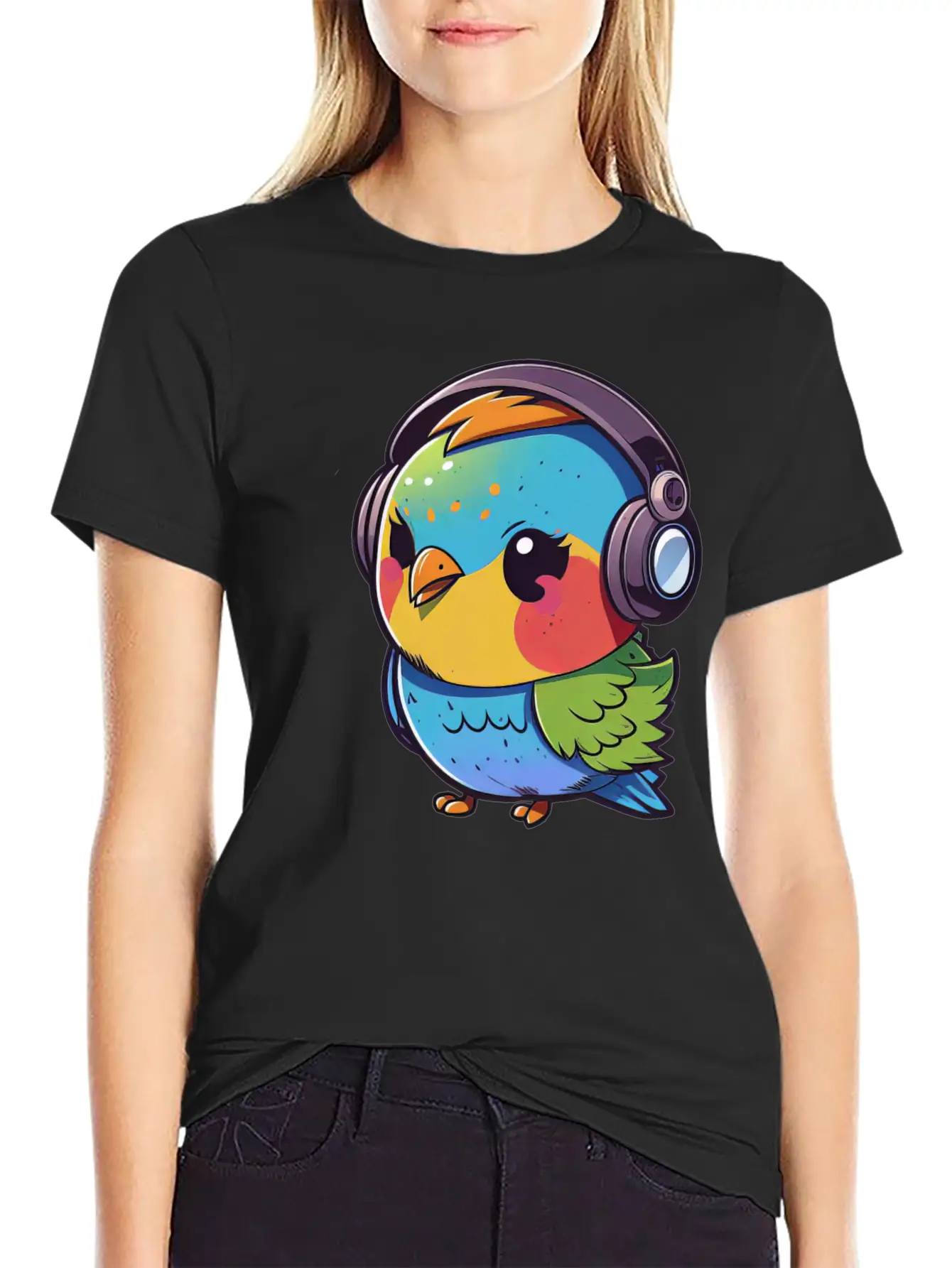 Kawaii Cute Happy Colorful Bird With Headphones Unisex Casual T-Shirt – Clean Design For Daily Comfort