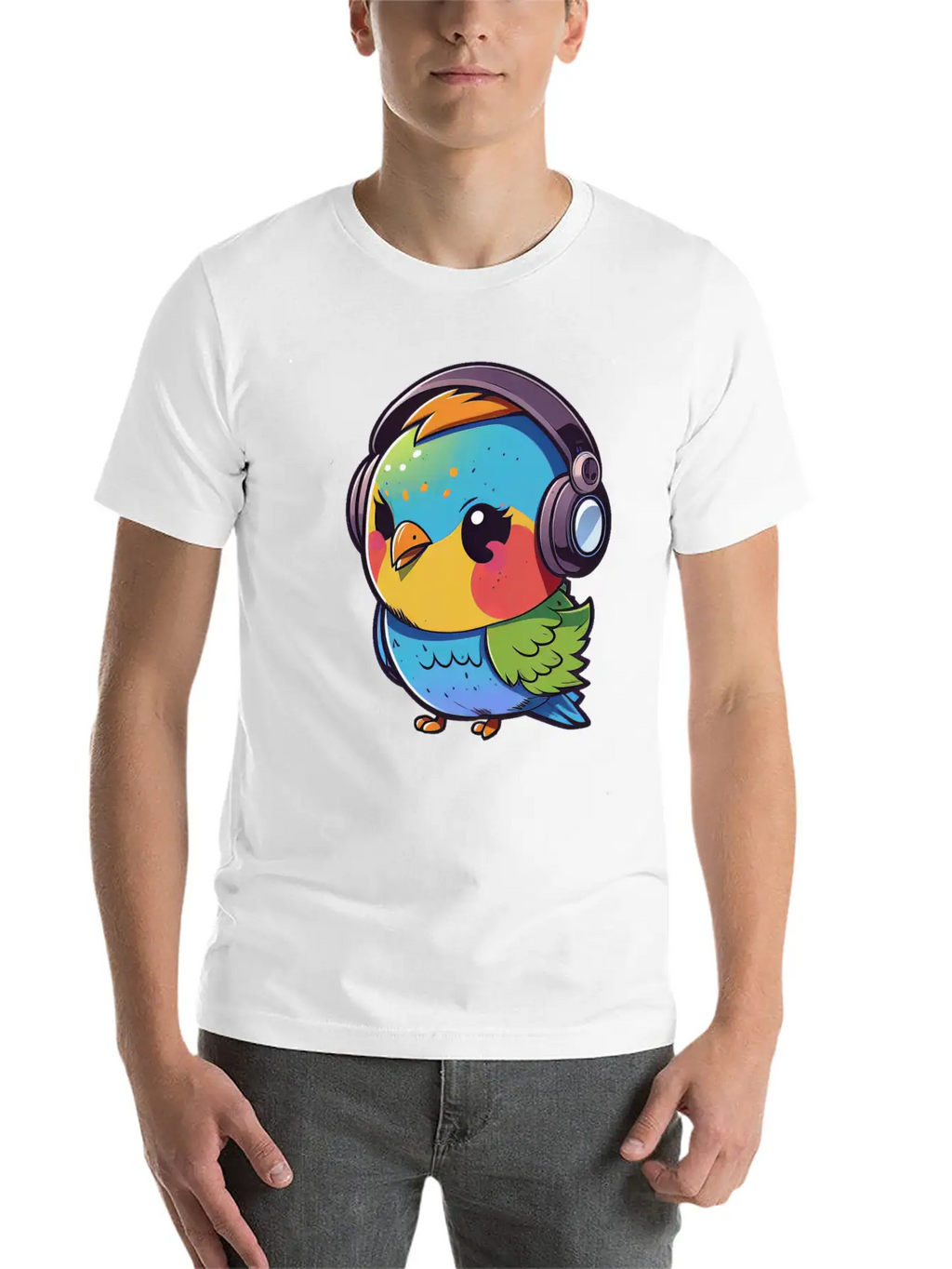 Kawaii Cute Happy Colorful Bird With Headphones Unisex Casual T-Shirt – Clean Design For Daily Comfort