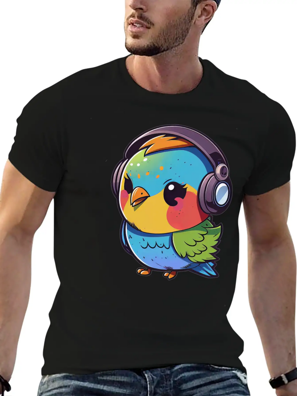 Kawaii Cute Happy Colorful Bird With Headphones Unisex Casual T-Shirt – Clean Design For Daily Comfort