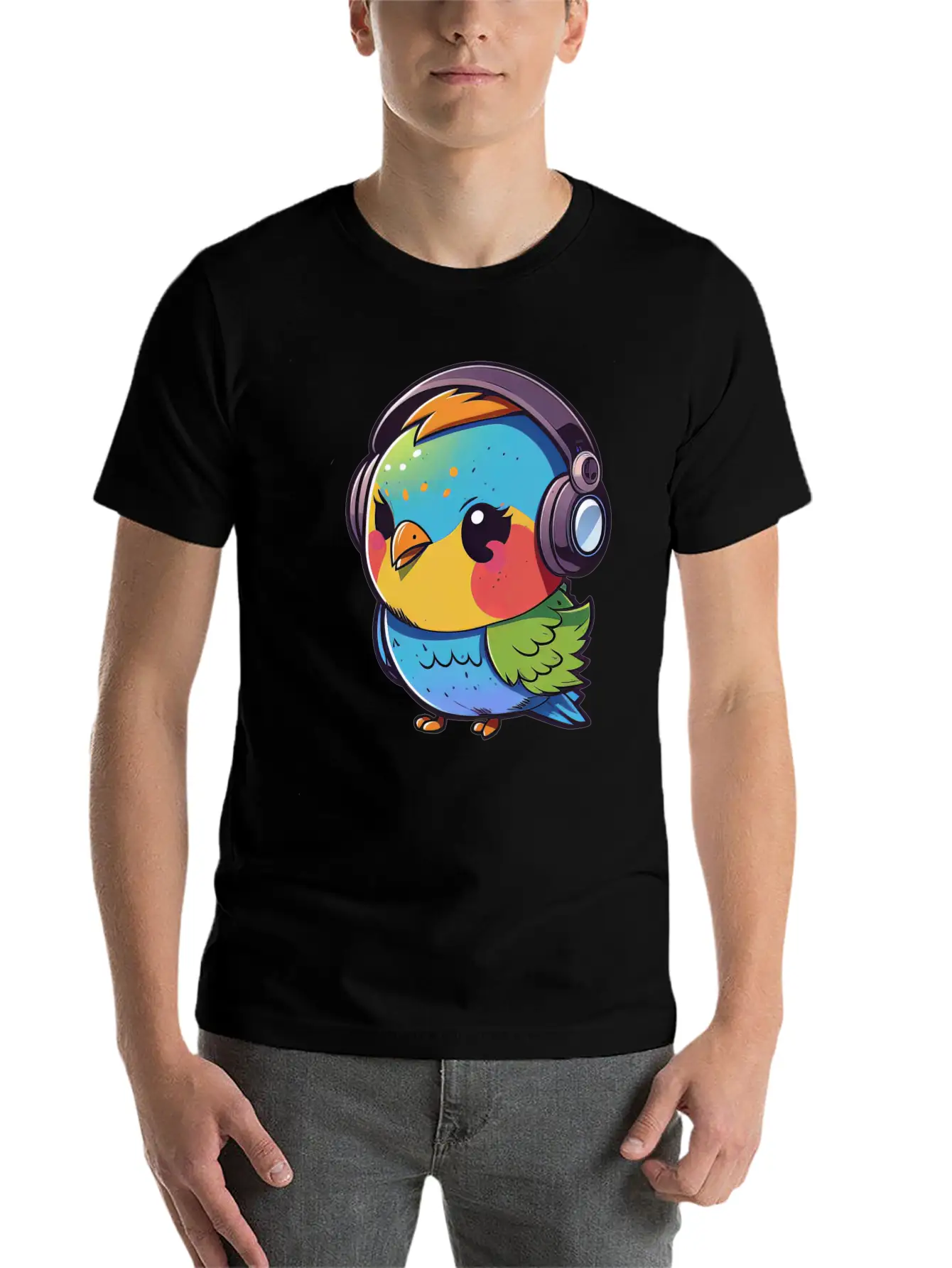 Kawaii Cute Happy Colorful Bird With Headphones Unisex Casual T-Shirt – Clean Design For Daily Comfort