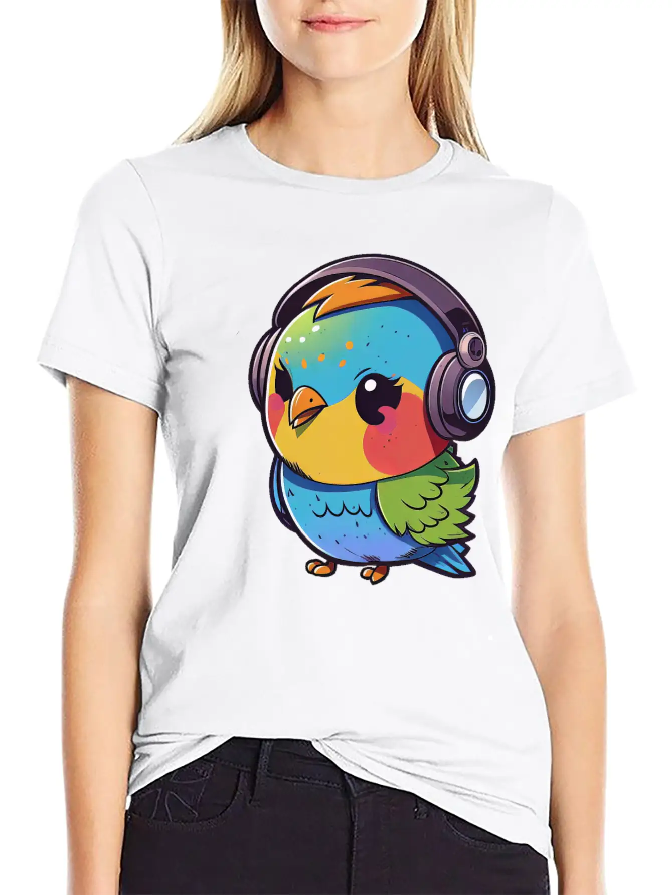 Kawaii Cute Happy Colorful Bird With Headphones Unisex Casual T-Shirt – Clean Design For Daily Comfort