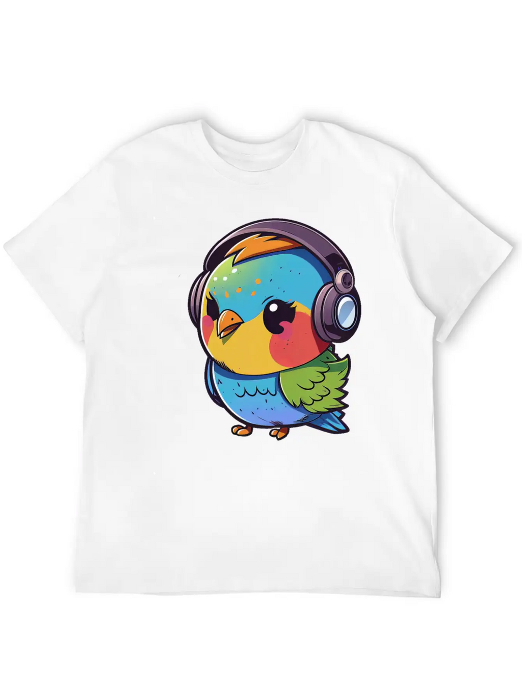 Kawaii Cute Happy Colorful Bird With Headphones Unisex Casual T-Shirt – Clean Design For Daily Comfort