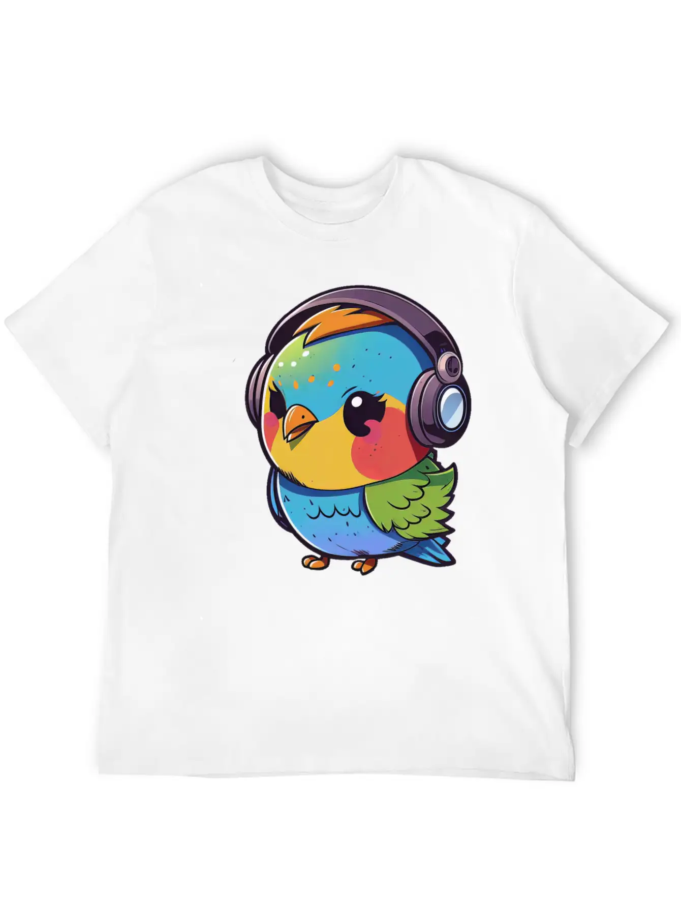Kawaii Cute Happy Colorful Bird With Headphones Unisex Casual T-Shirt – Clean Design For Daily Comfort