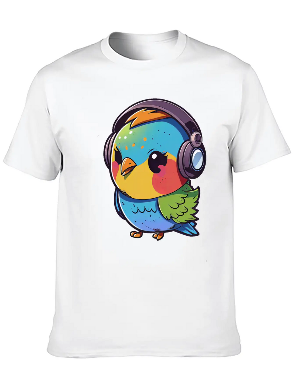 Kawaii Cute Happy Colorful Bird With Headphones Unisex Casual T-Shirt – Clean Design For Daily Comfort