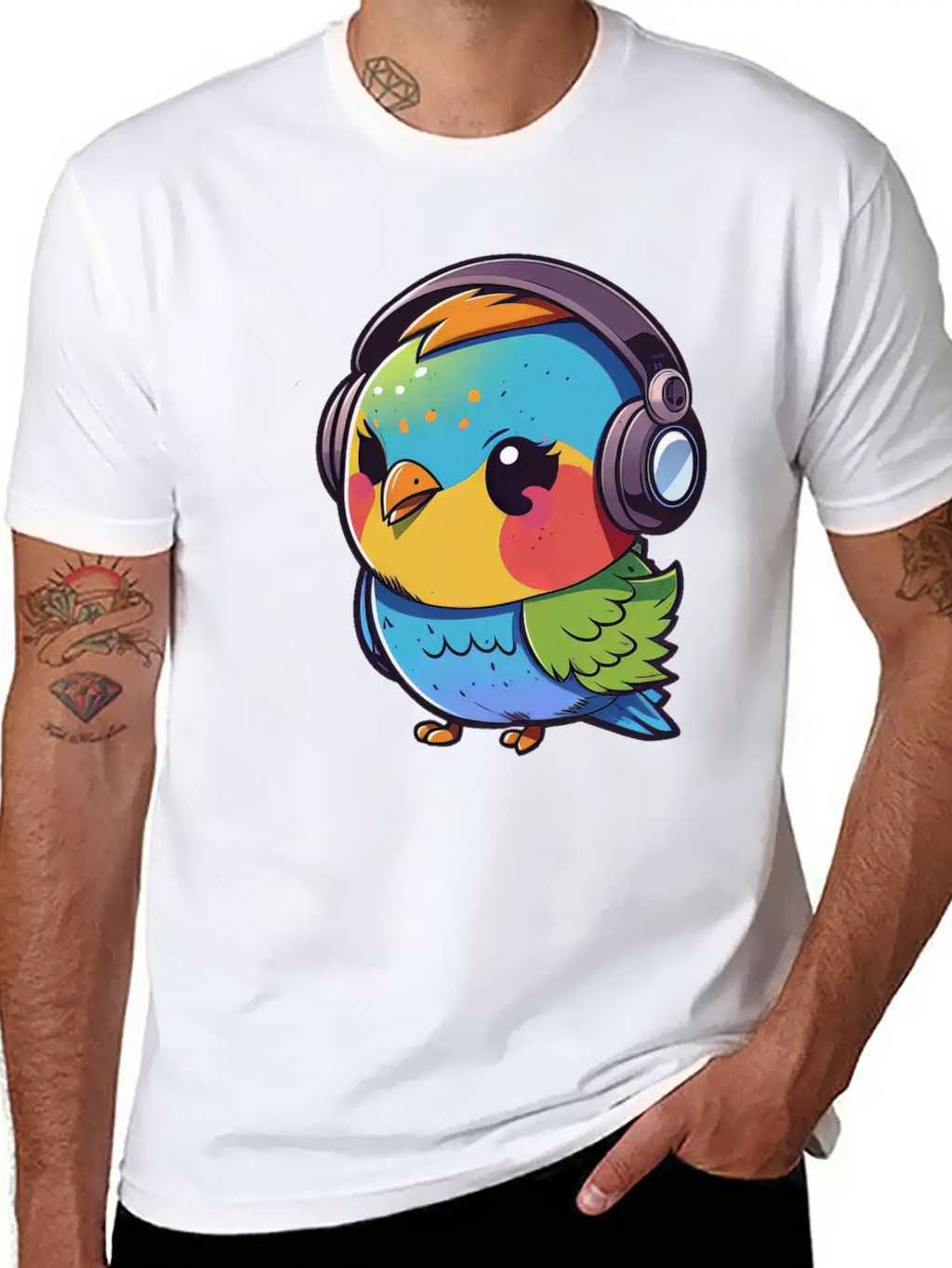 Kawaii Cute Happy Colorful Bird With Headphones Unisex Casual T-Shirt – Clean Design For Daily Comfort
