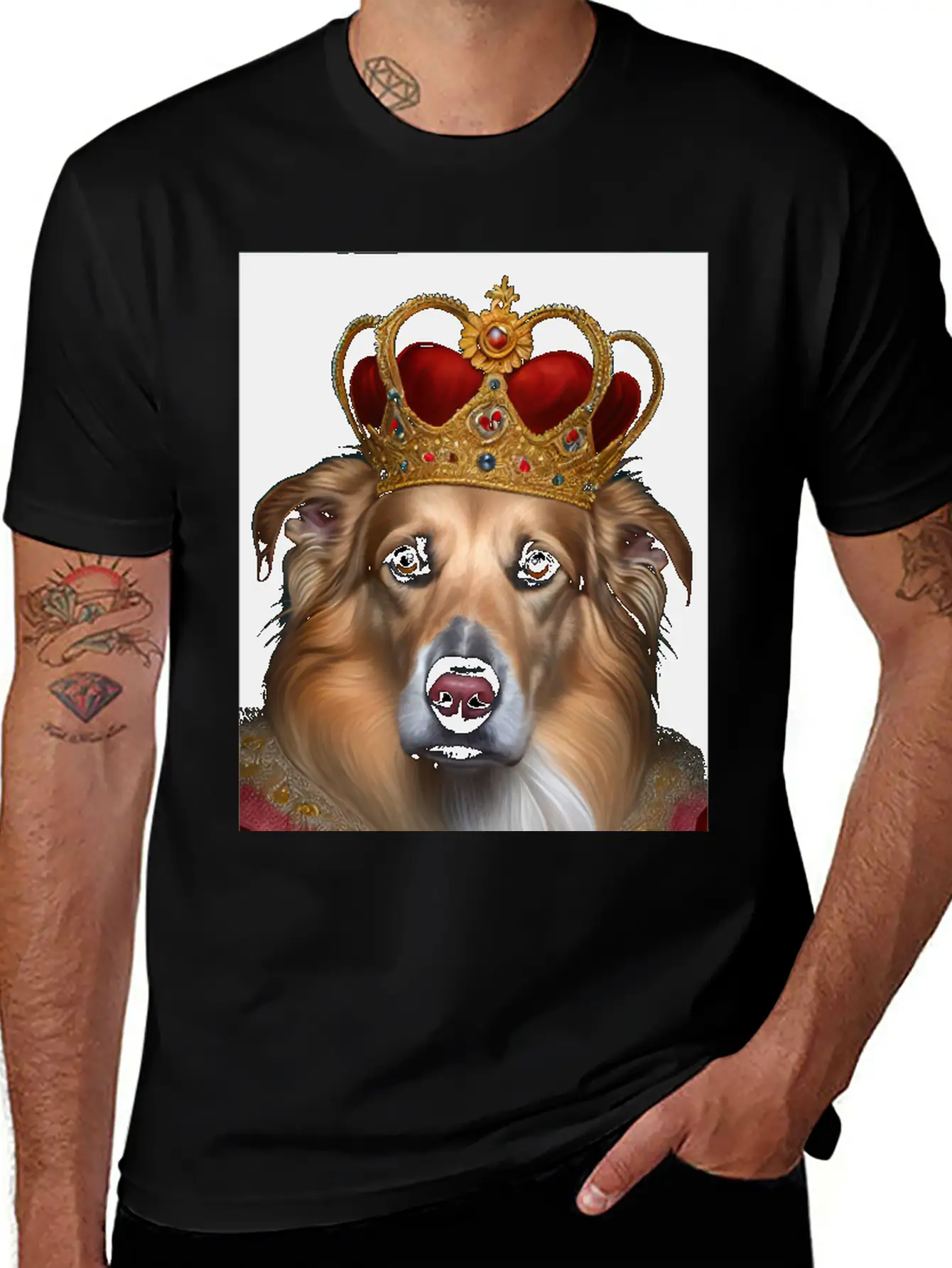 King Collie Dog Portrait Royal Renaissance Animal Unisex Short Sleeve Soft Cotton T-Shirt – Casual Everyday Wear