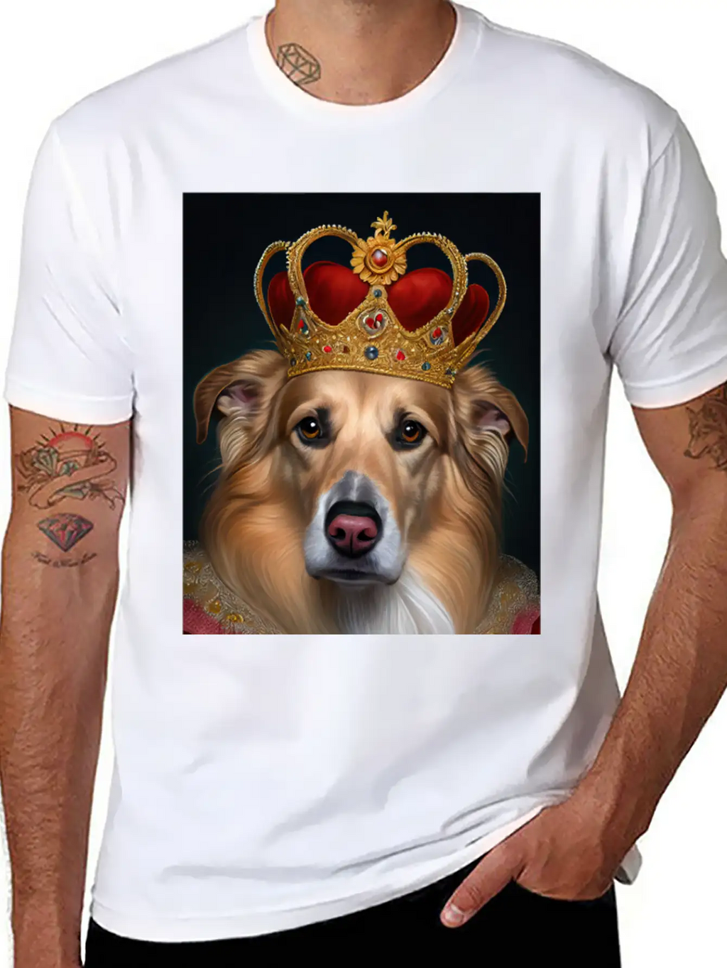 King Collie Dog Portrait Royal Renaissance Animal Unisex Short Sleeve Soft Cotton T-Shirt – Casual Everyday Wear