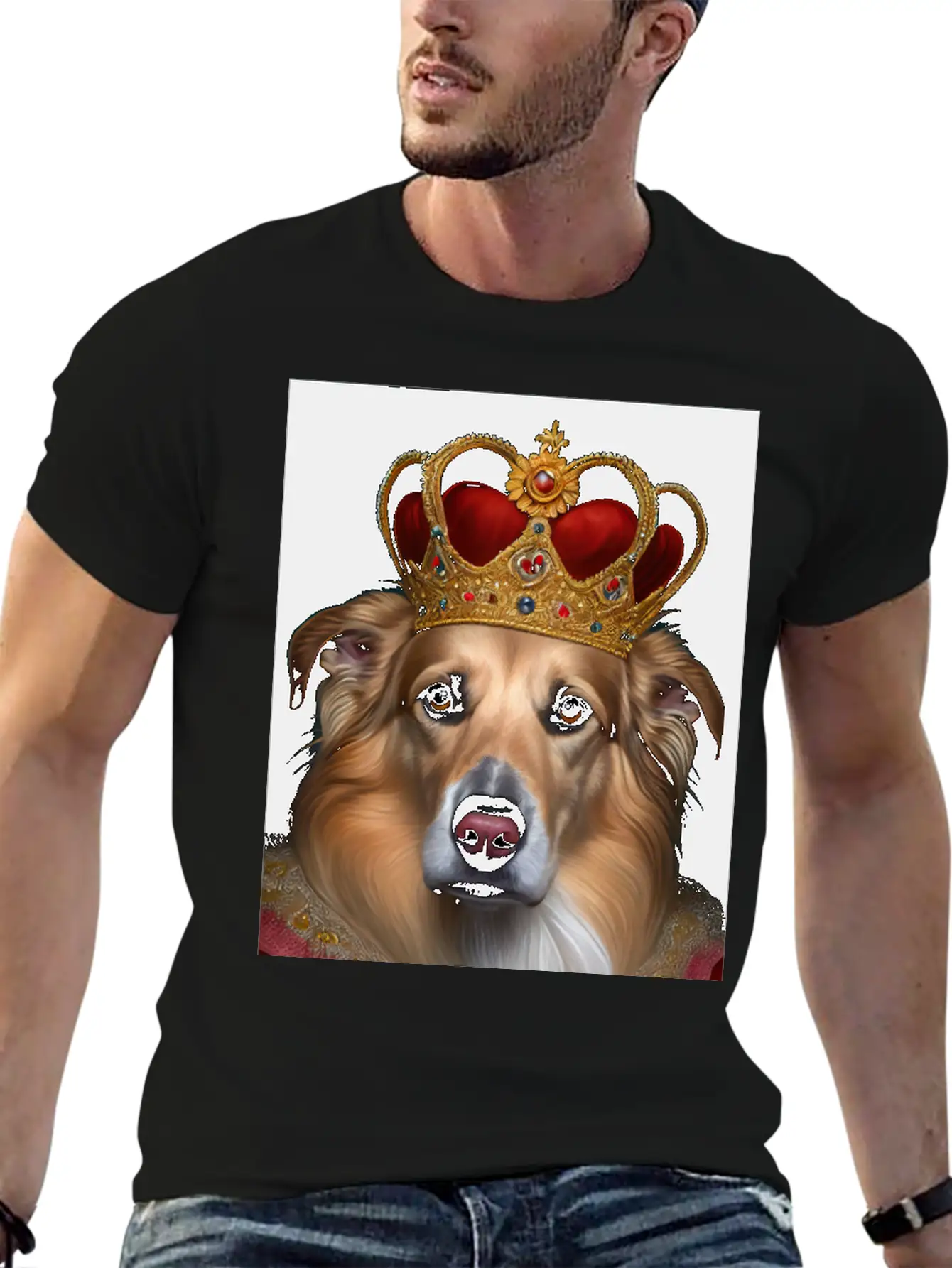 King Collie Dog Portrait Royal Renaissance Animal Unisex Short Sleeve Soft Cotton T-Shirt – Casual Everyday Wear