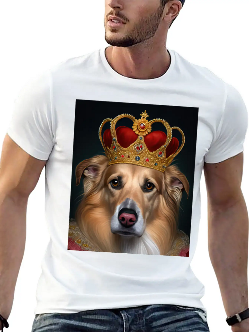 King Collie Dog Portrait Royal Renaissance Animal Unisex Short Sleeve Soft Cotton T-Shirt – Casual Everyday Wear