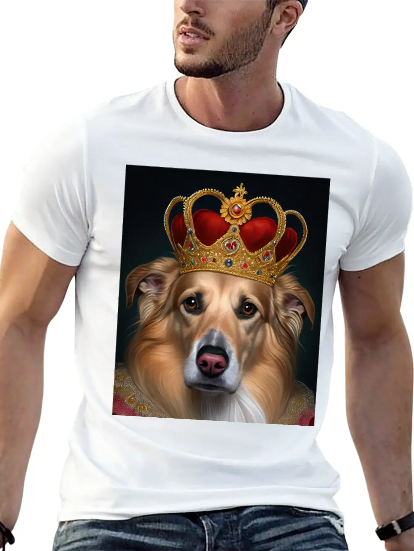 King Collie Dog Portrait Royal Renaissance Animal Unisex Short Sleeve Soft Cotton T-Shirt – Casual Everyday Wear