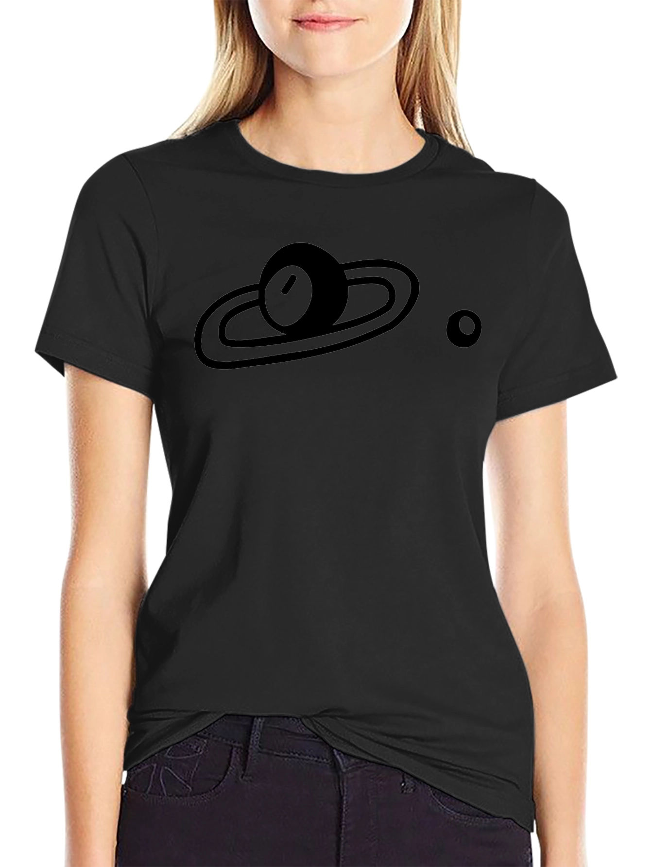 Planet Saturn Graphic Print Black T-Shirt