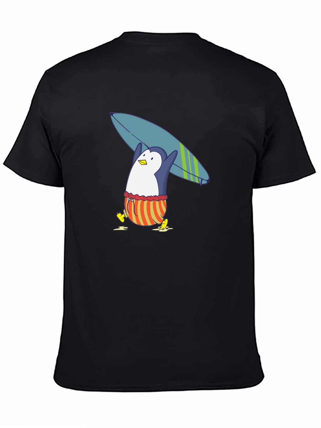 Surfing Penguin Graphic Tee - Black Cotton T-Shirt
