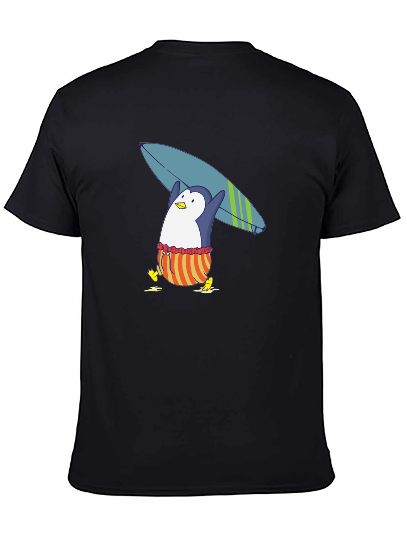 Surfing Penguin Graphic Tee - Black Cotton T-Shirt