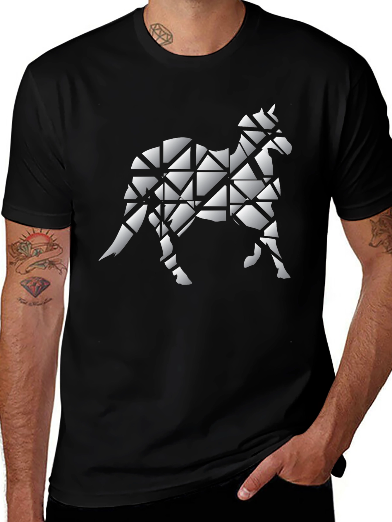 Geometric Horse Graphic Tee - Black Cotton Blend Shirt