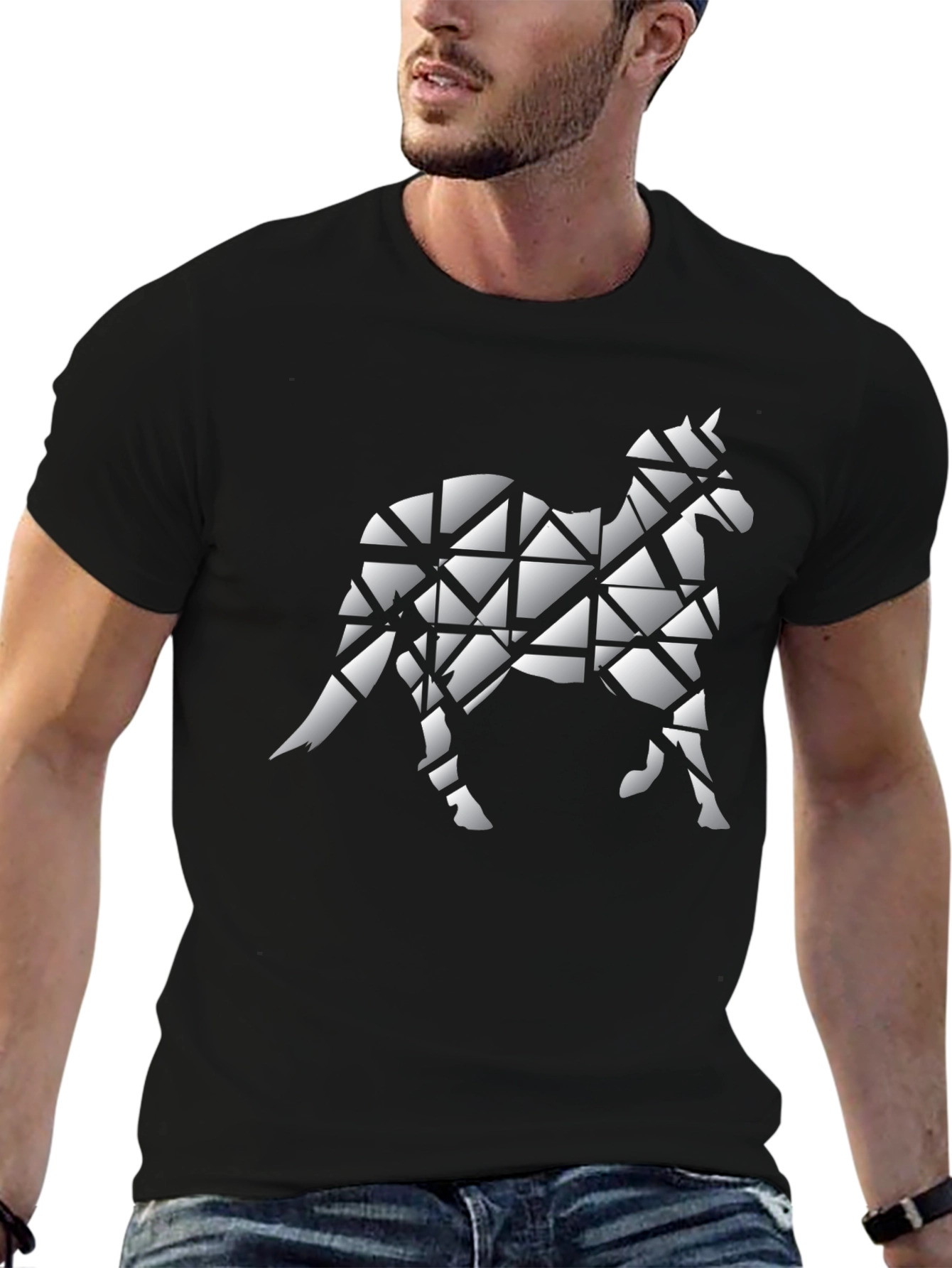 Geometric Horse Graphic Tee - Black Cotton Blend Shirt