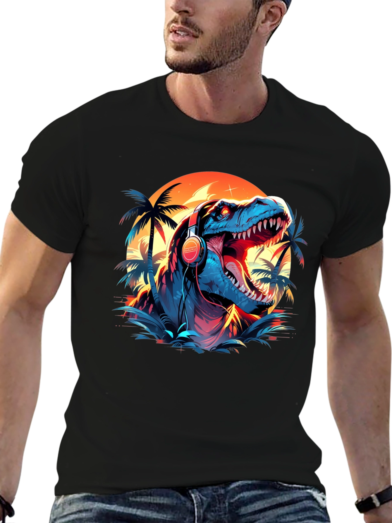 Dino Vibes T-Shirt - Retro Dinosaur with Headphones Design
