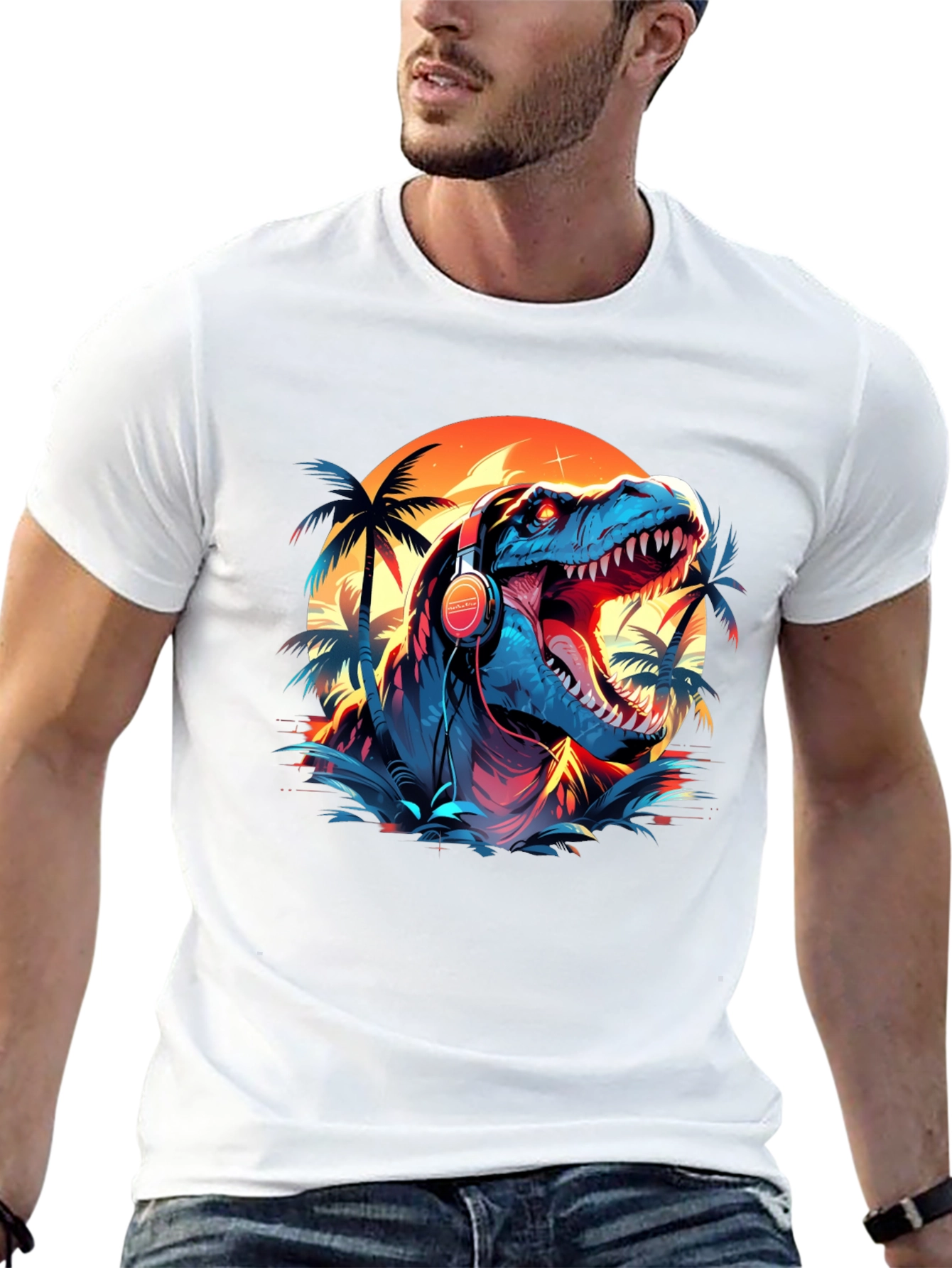 Dino Vibes T-Shirt - Retro Dinosaur with Headphones Design