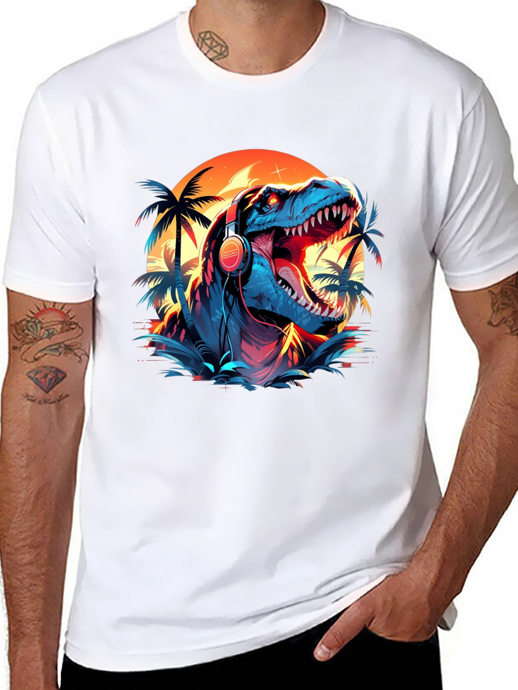 Dino Vibes T-Shirt - Retro Dinosaur with Headphones Design